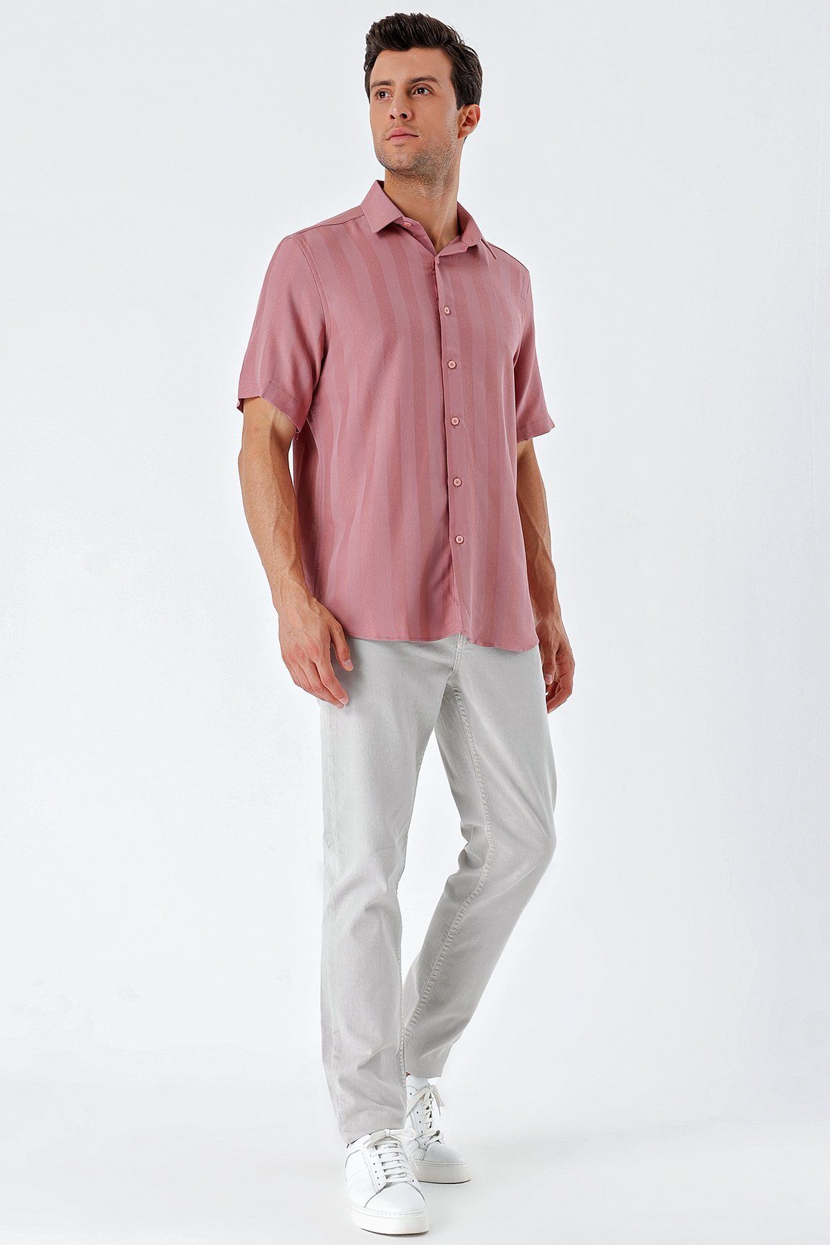 İmza-Dusty Rose Short Sleeve Patterned Dobby Solid Collar No Pocket Classic Comfort Fit Shirt 1004230204 6