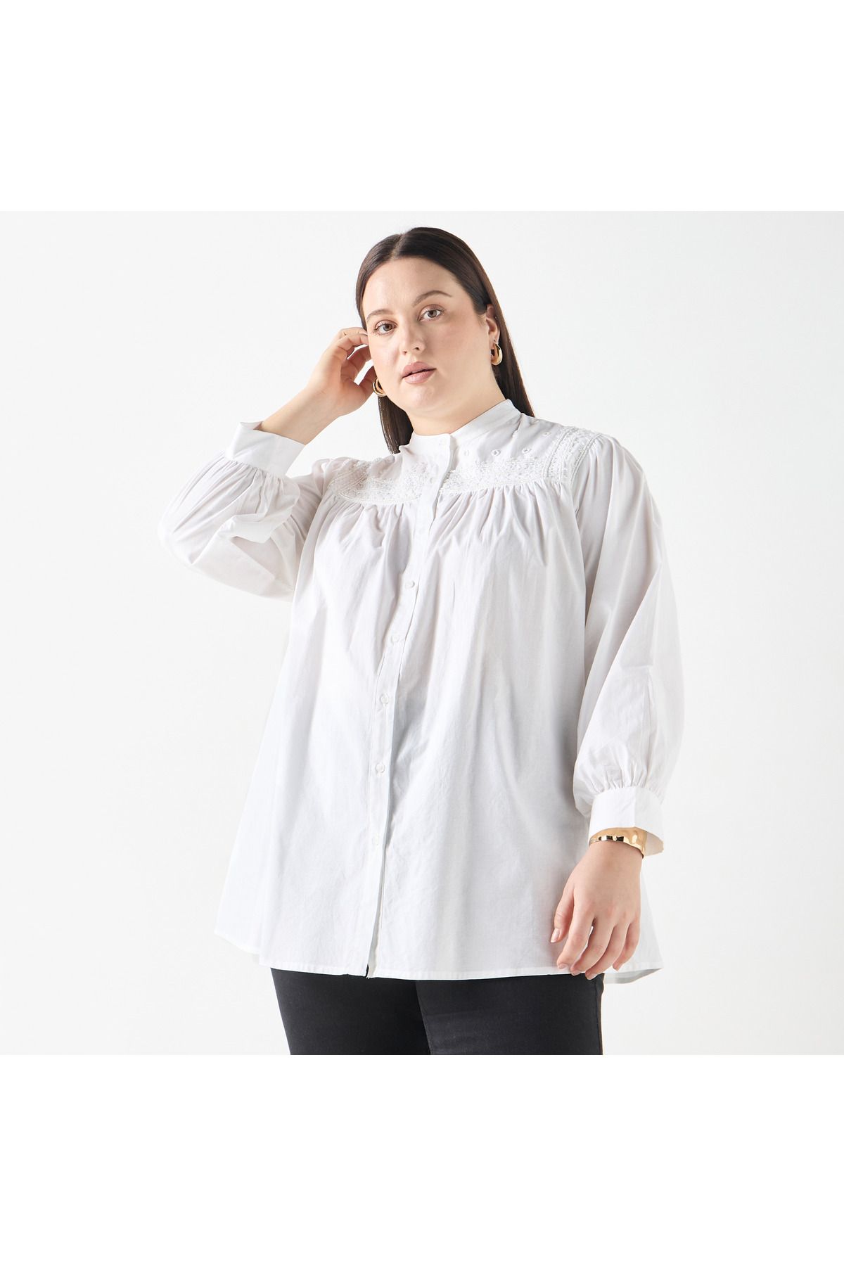 Ulla Popken-Plus Size Ulla Popken Embellished Shirt with Mandarin Collar and Long Sleeves 1