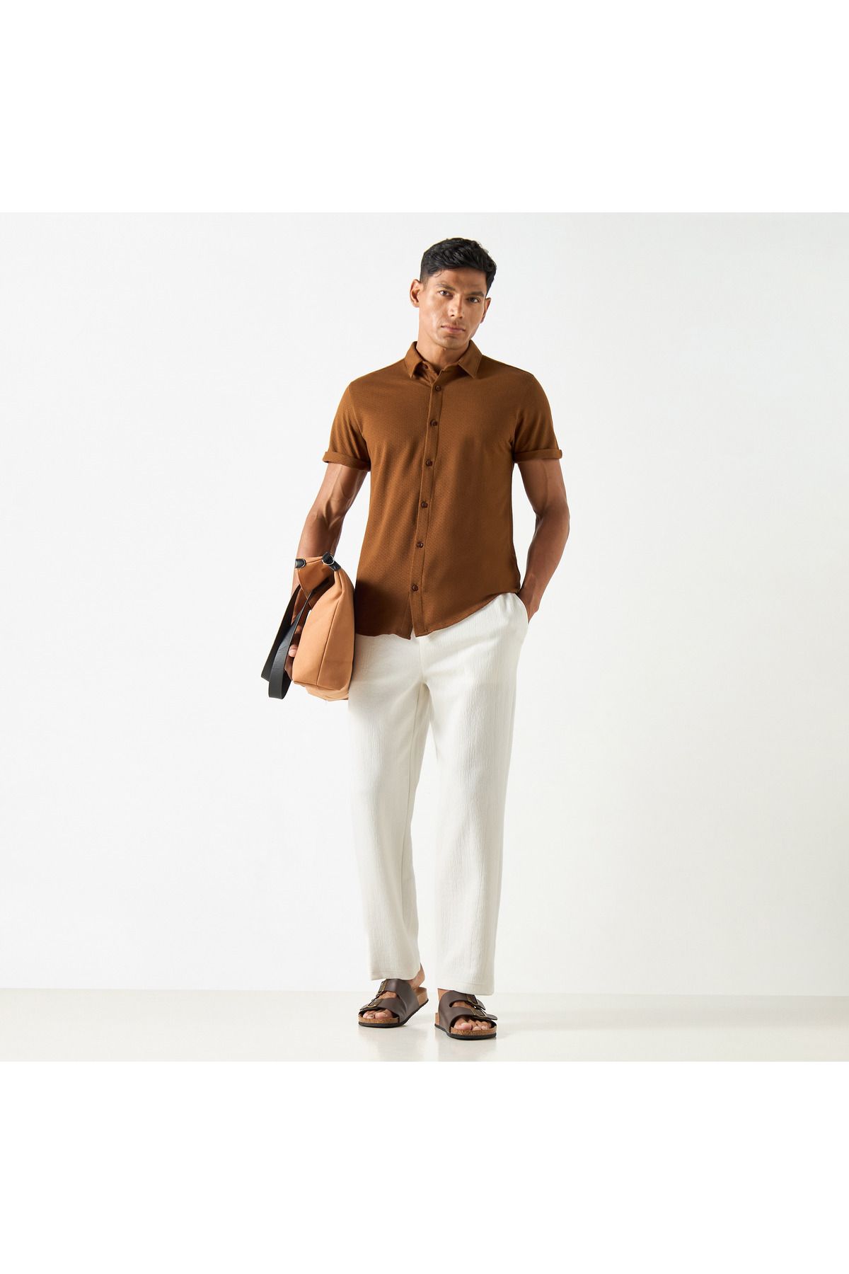 Iconic-Slim Fit Textured Shirt with Short Sleeves and Button Placket 2