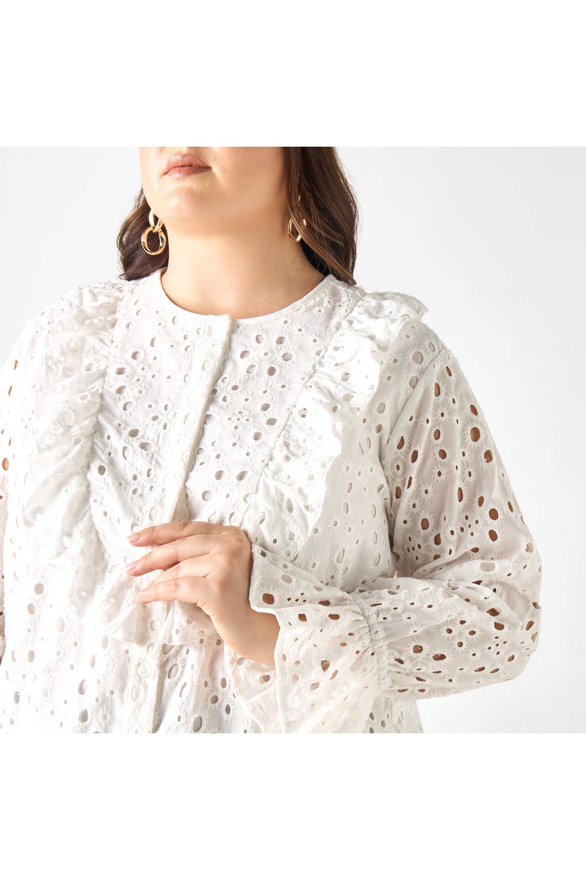 Ulla Popken-Plus Size Ulla Popken All-Over Embroidered Top with Ruffles and Bell Sleeves 4