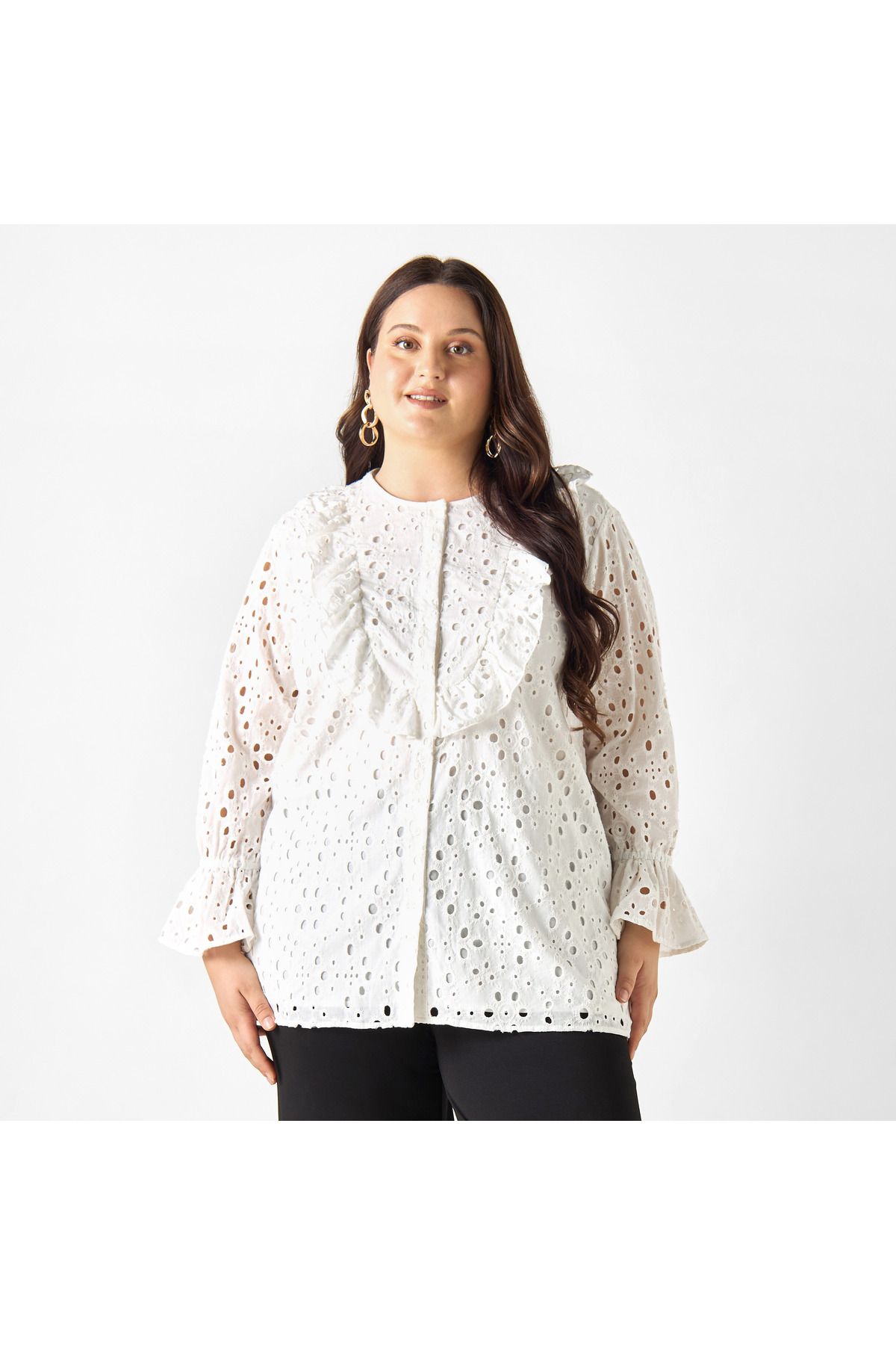 Ulla Popken-Plus Size Ulla Popken All-Over Embroidered Top with Ruffles and Bell Sleeves 1