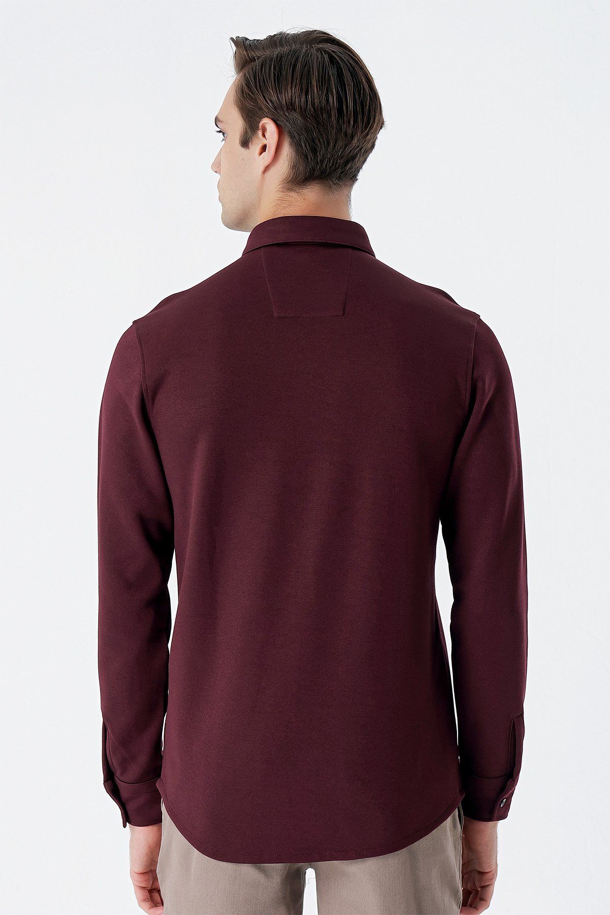 İmza-Claret Red Long Sleeve Knitted Button Collar No Pocket Cotton Casual Slim Fit Slim Fit Shirt 1004235116 6