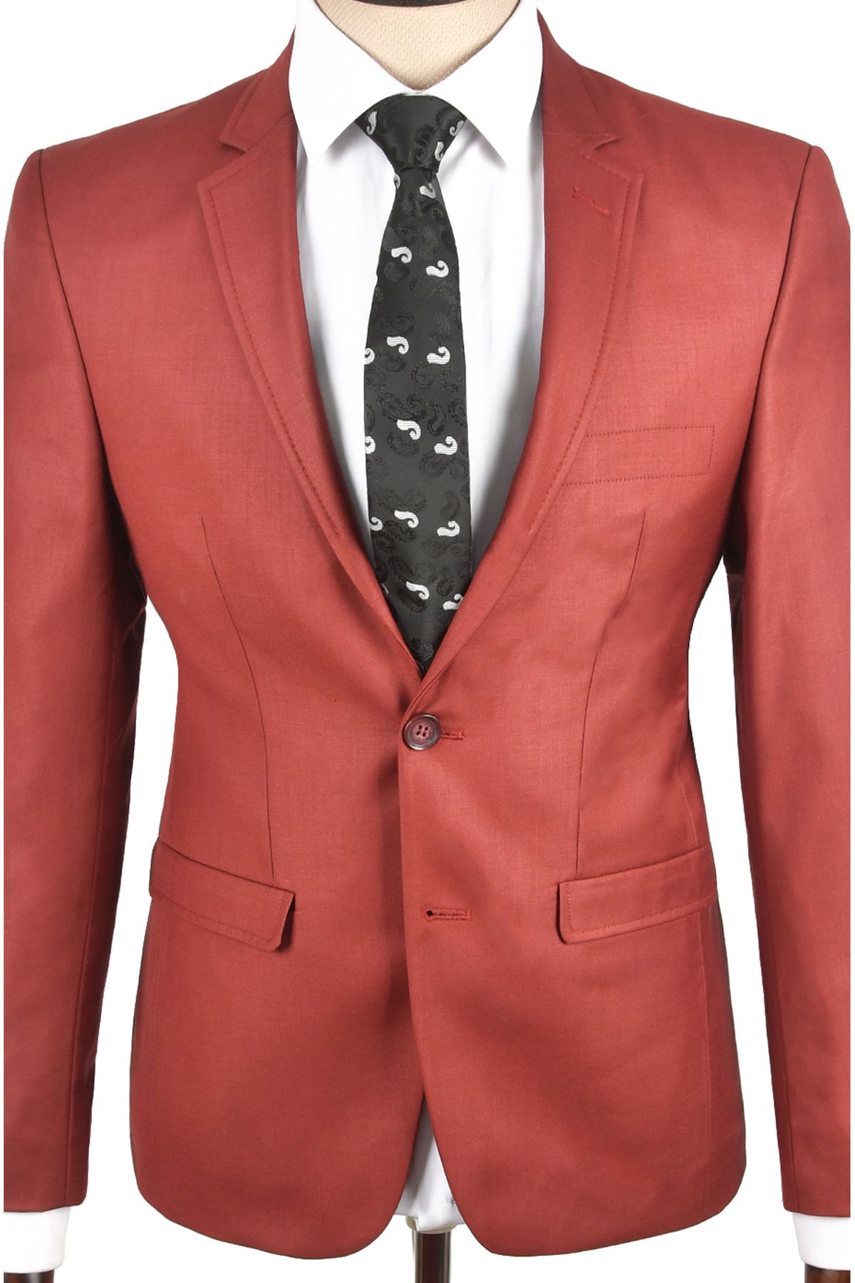 DeepSEA-Men's Claret Red Collar Stitching Detailed Double Button Single Slit 2-Piece Suit 2300435 3