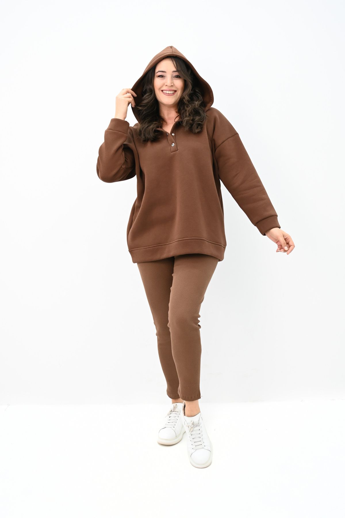 Koza Butik-Women's Large Size Hooded Snap Detailed Tights Set 8154-25 4