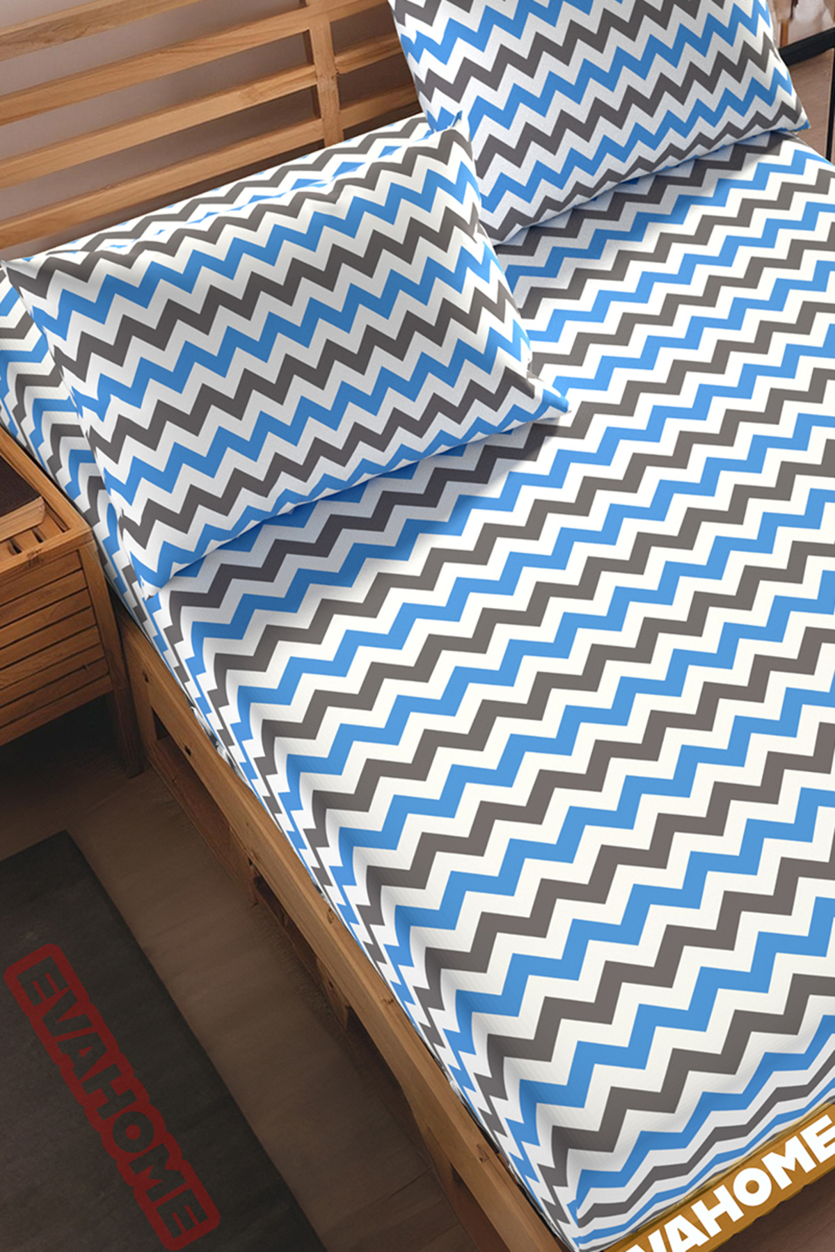 Lorien-Ranforce Fabric Blue Zigzag Pattern - Elastic Sheet Set, Single/Double/Large Size 2