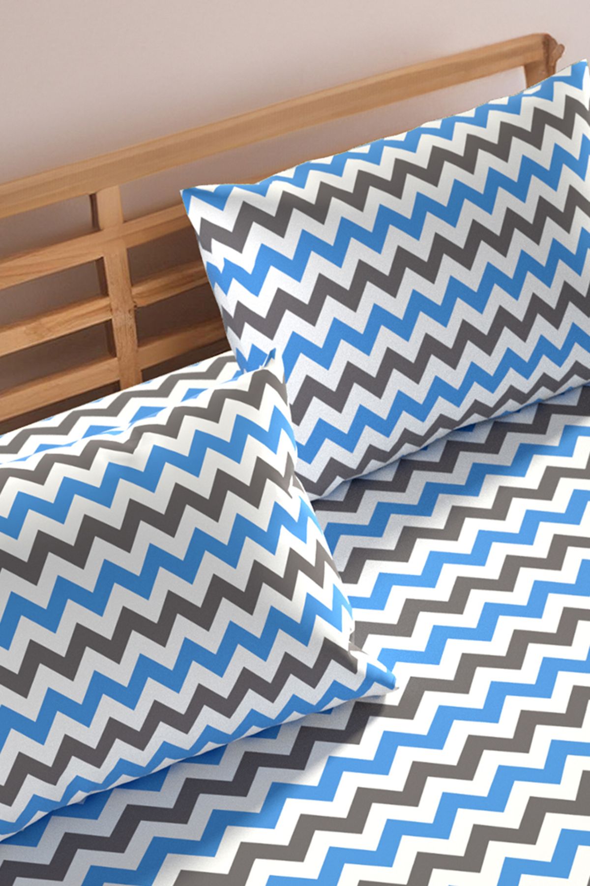 Lorien-Ranforce Fabric Blue Zigzag Pattern - Elastic Sheet Set, Single/Double/Large Size 3