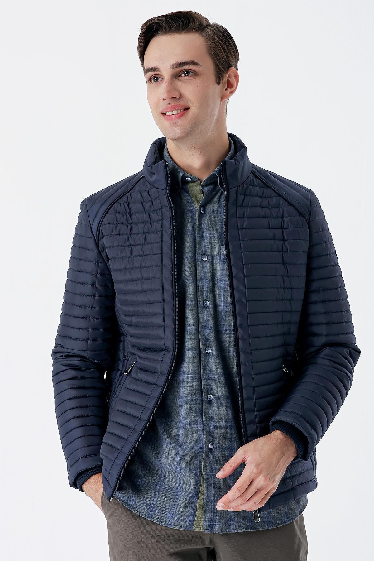 İmza-Dark Navy Blue Quilted Filled Stand Collar Lined Slim Fit Slim Fit Casual Coat1007235264 2