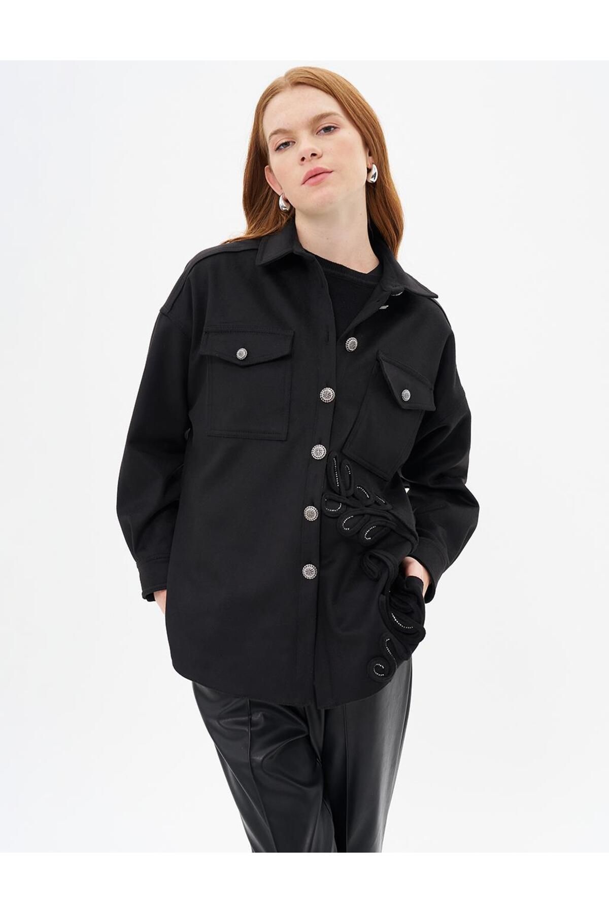 Kayra-Black Stamp Jacket - Gold Button Detail 1