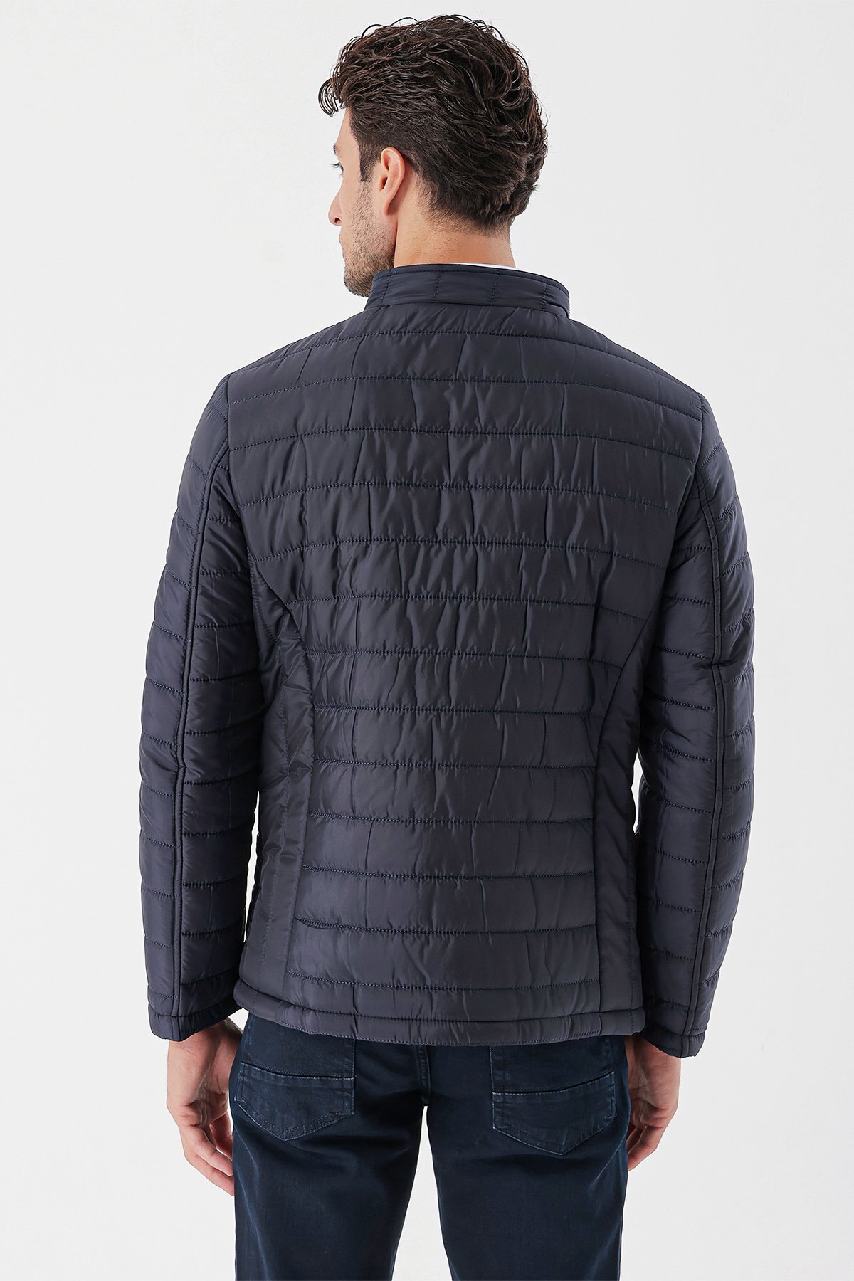 İmza-Dark Navy Blue High Collar Lined Slim Fit Slim Fit Casual Coat1007235156 7