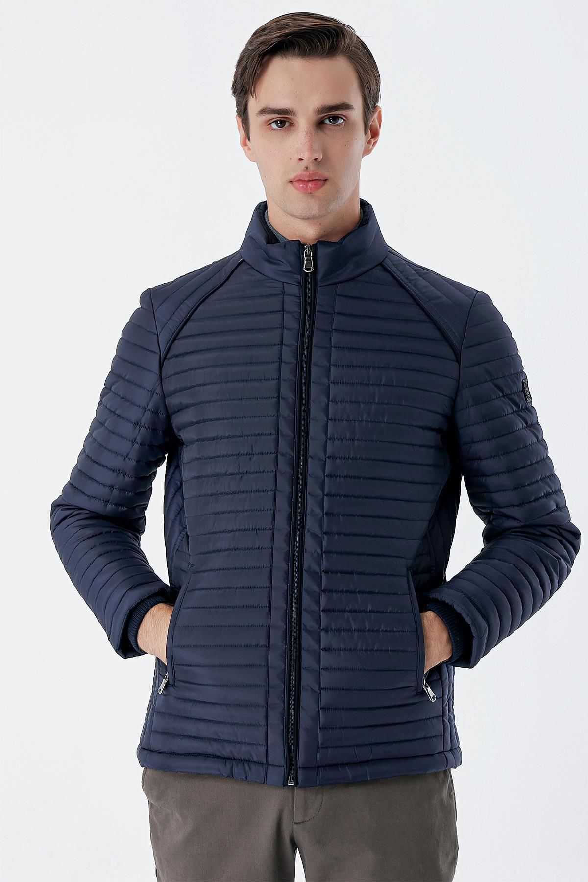 İmza-Dark Navy Blue Quilted Filled Stand Collar Lined Slim Fit Slim Fit Casual Coat1007235264 4