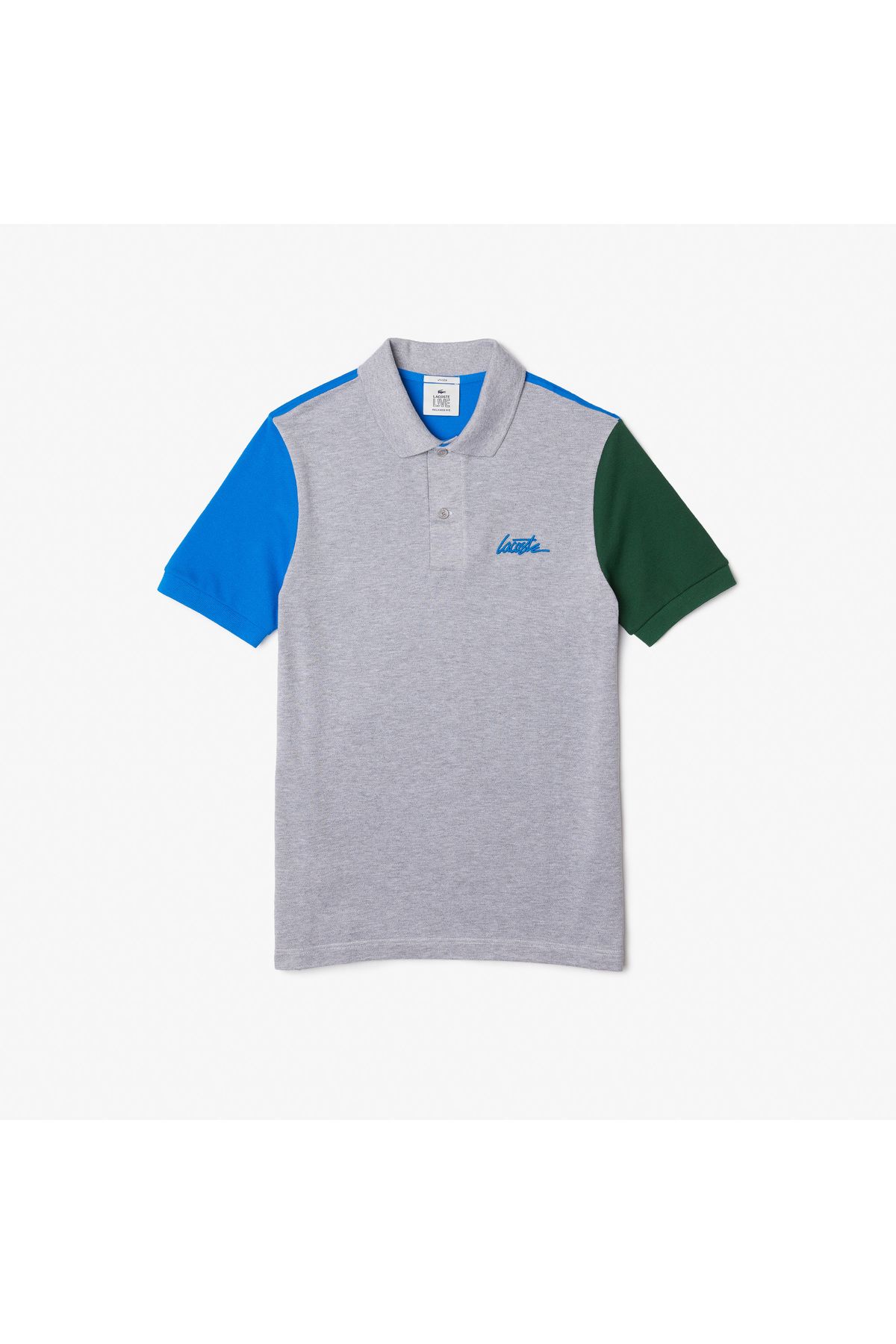 تی شرت یقه پولو مردانه و زنانه من یونیسکس چوگان آبی آرام با بلوک رنگ مناسب Lacoste