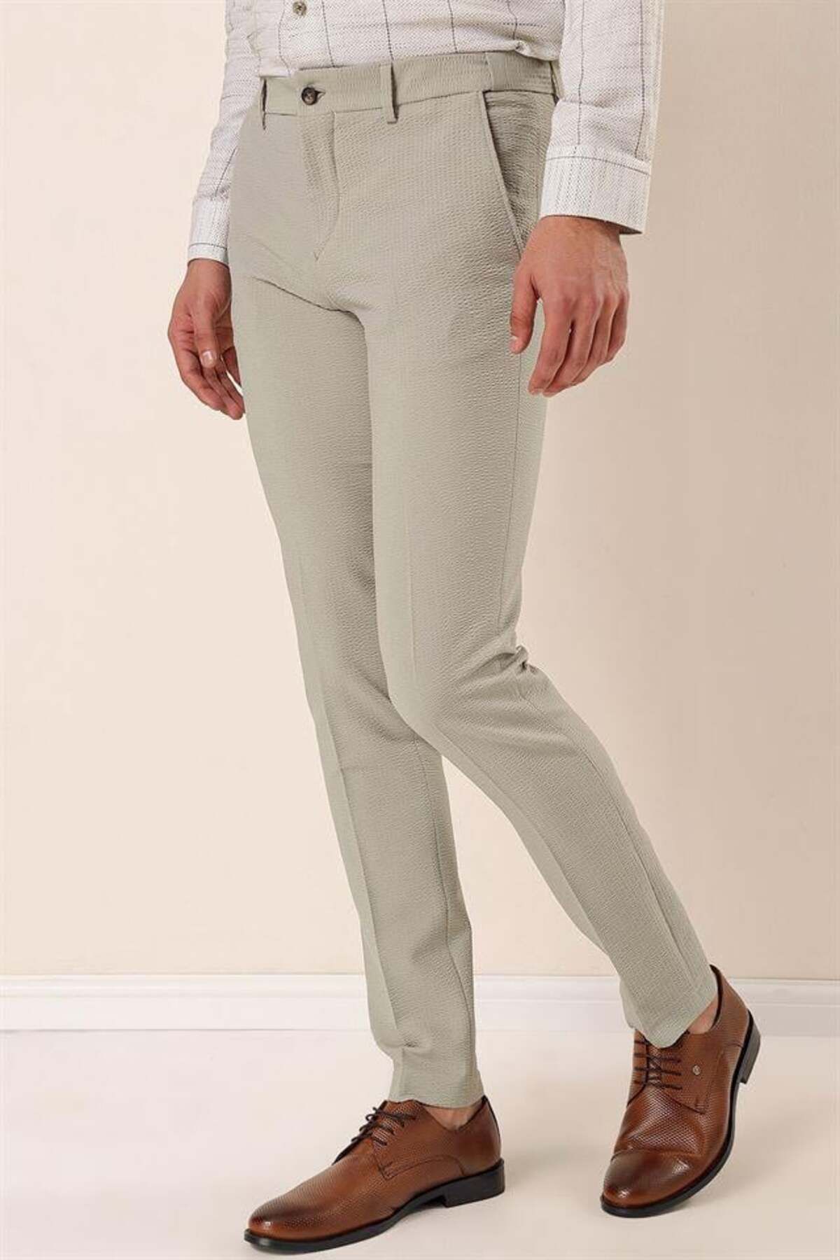 شلوار مردانه BEIGE الگوی آملور LYCRA SIDE CEP SLIM FIT CUTTER کلاسیک 1003230170 İmza