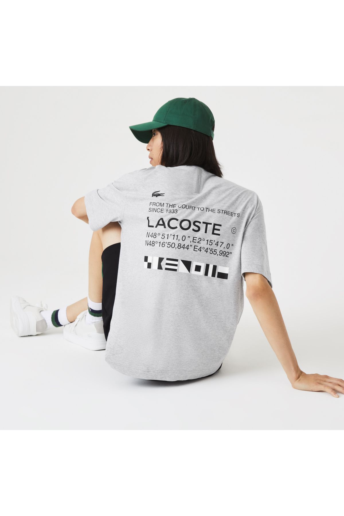 تی شرت خاکستری مردانه یقه دوچرخه تناسب طرح دار Lacoste