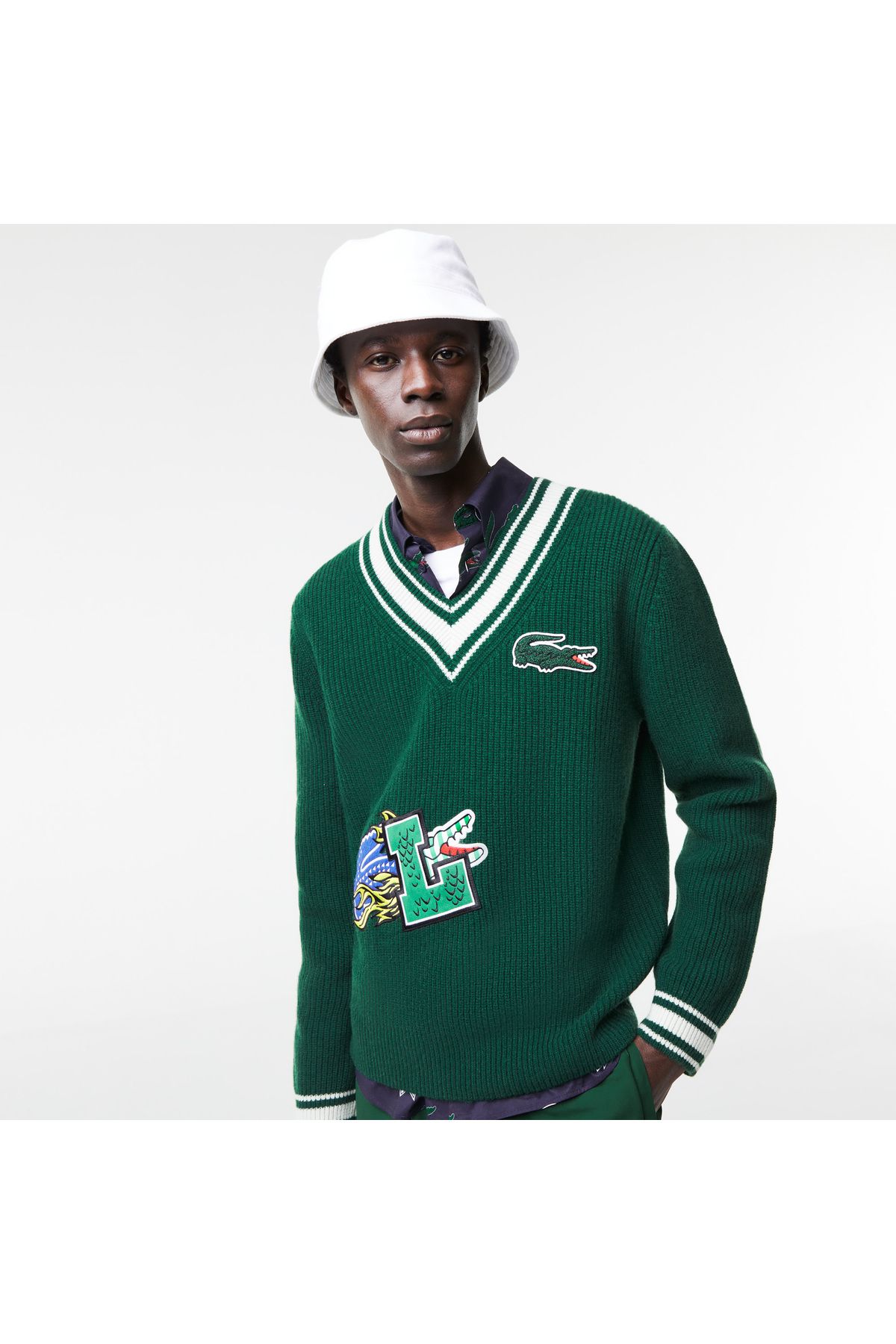 پلیور آبی مردانه ژاکت سبز پشمی طرح دار Lacoste