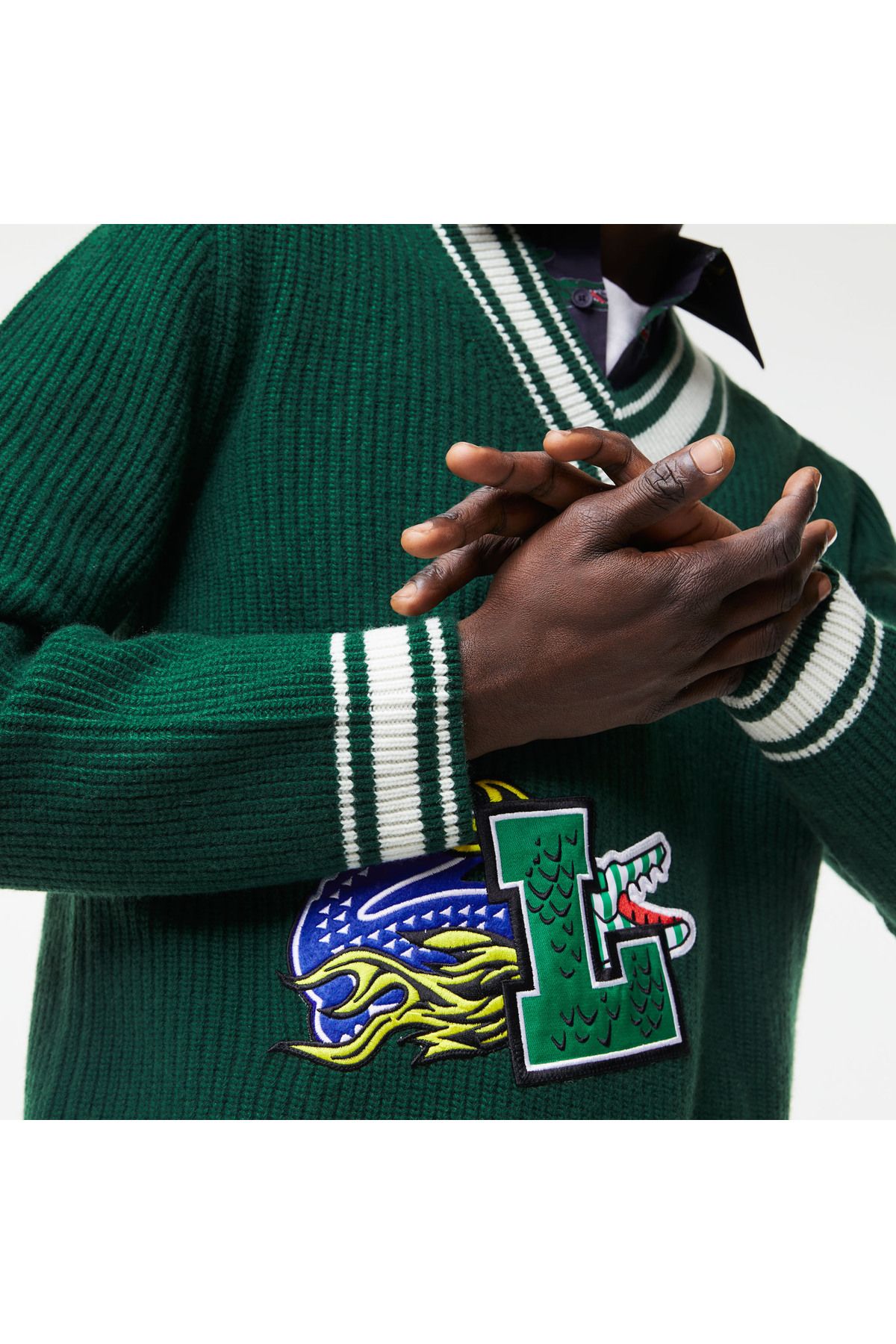 پلیور آبی مردانه ژاکت سبز پشمی طرح دار Lacoste
