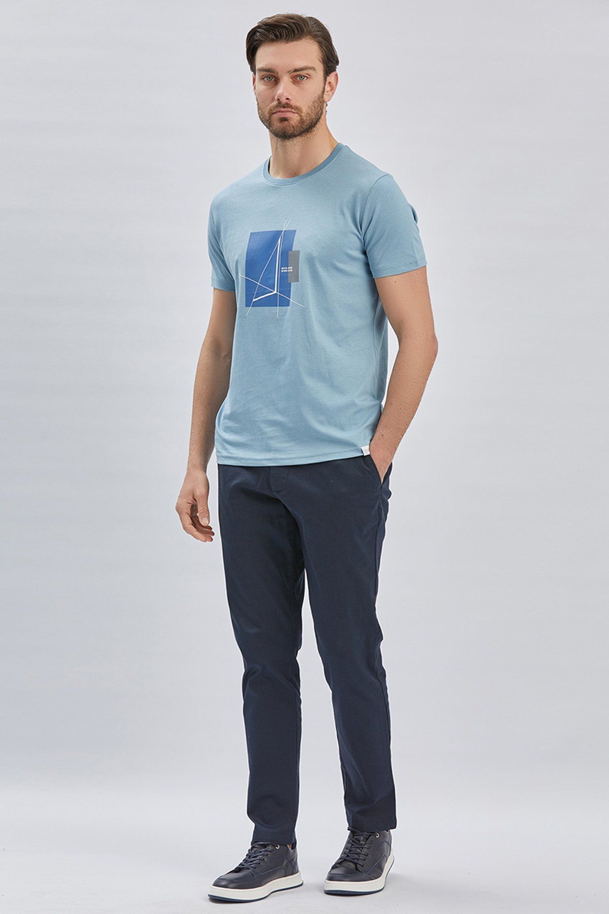 İmza-Dark Blue Printed Cloth Leg Crew Neck 100% Cotton Casual Slim Fit Slim Fit T-shirt1011240167 1