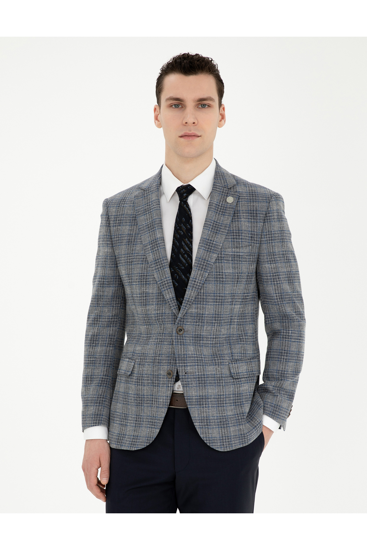 کاپشن پشمی چهارخانه باریک خاکستری مدل Ex. Slim Fit 50284927-VR024 پیر کاردین کت Pierre Cardin
