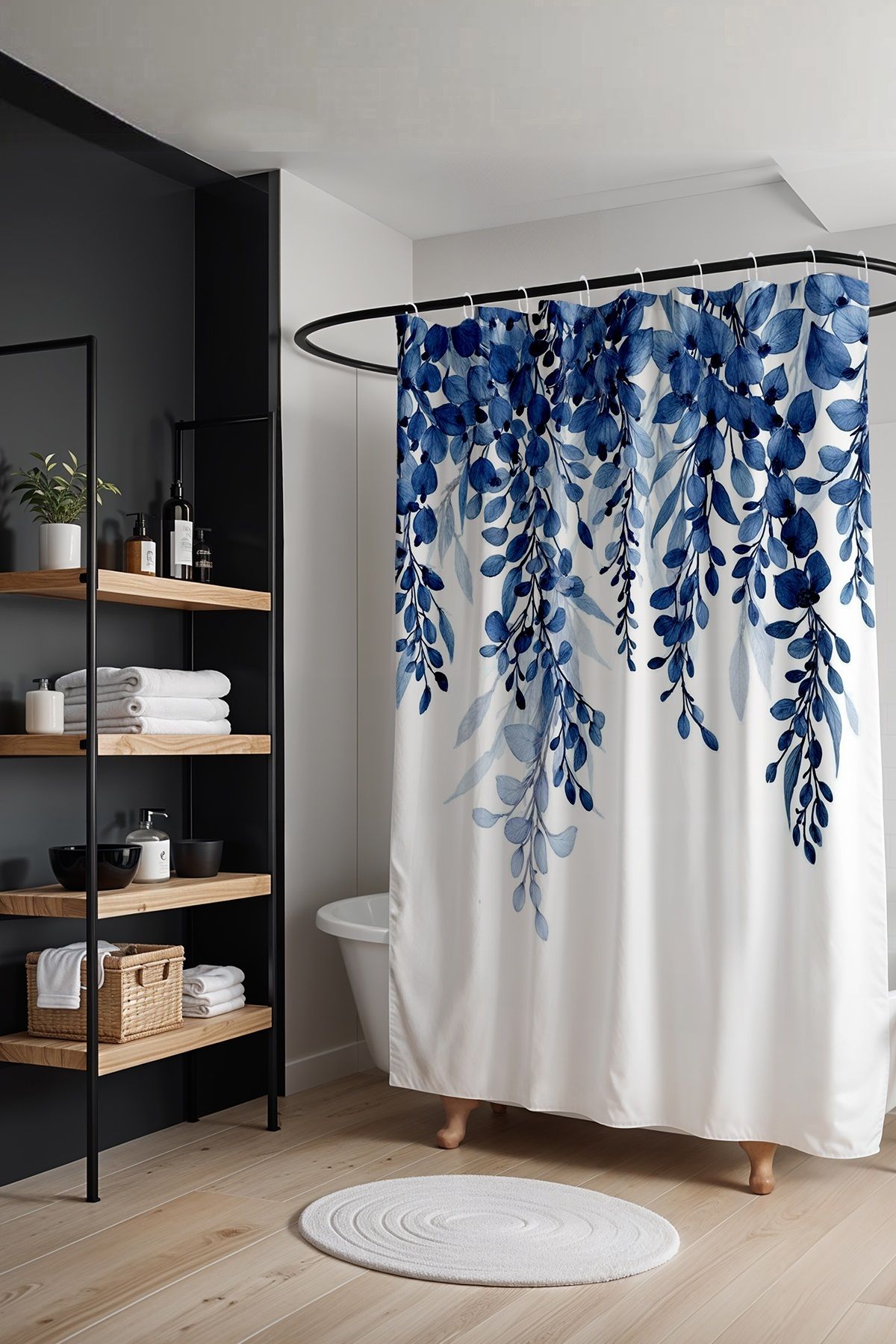 EVPANYA-Bathroom Curtain, Blue Pendulum Leaves Pattern Shower Curtain, Bathtub Curtain 175X200Cm 2