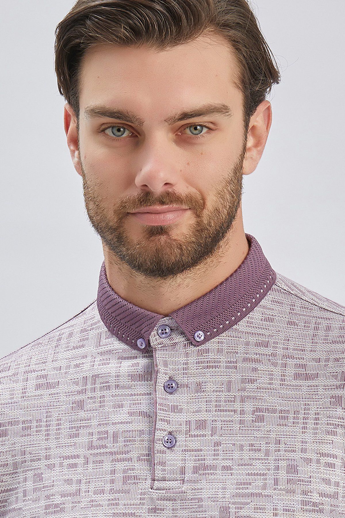 İmza-Lilac Pattern Mercerized Button Collar Cotton Casual Slim Fit Slim Fit T-Shirt1011240160 6