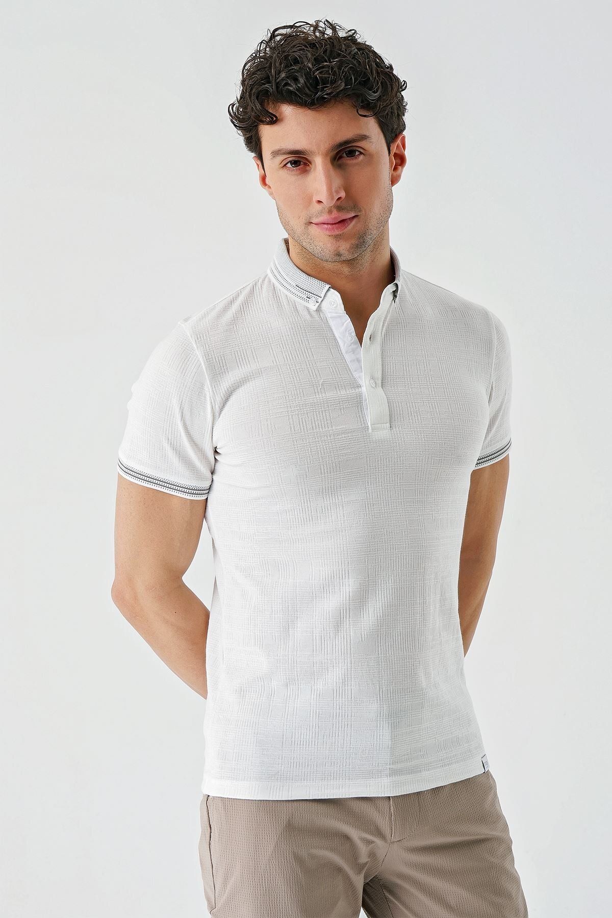 İmza-Tricou alb cu model jacquard, cu guler, cu nasturi, cu buzunar casual, slim fit1011240174 2