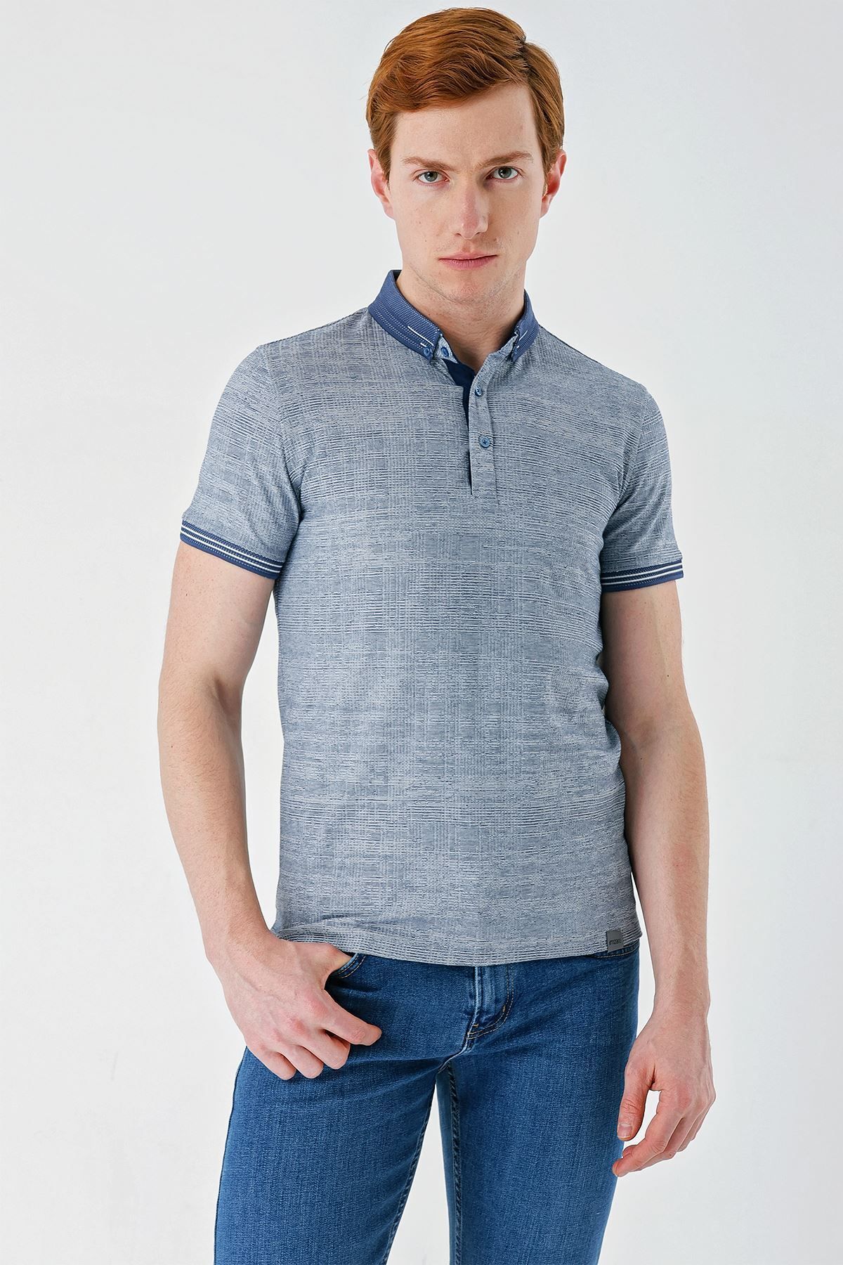 İmza-Tricou slim fit, cu buzunar, cu guler cu nasturi, cu model albastru indigo1011240174 1