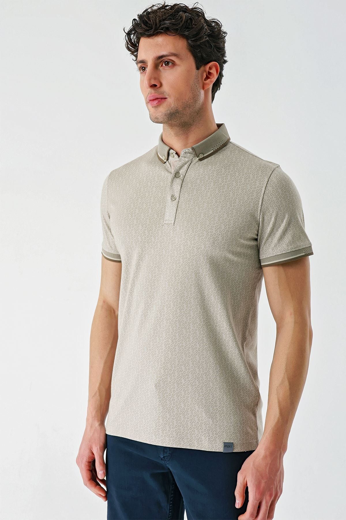 تی شرت یقه پولو مردانه رنگ سنگ طرح دار آکسفورد دکمه پنبه معمولی باریک و برش T SHIRT 1011240177 İmza