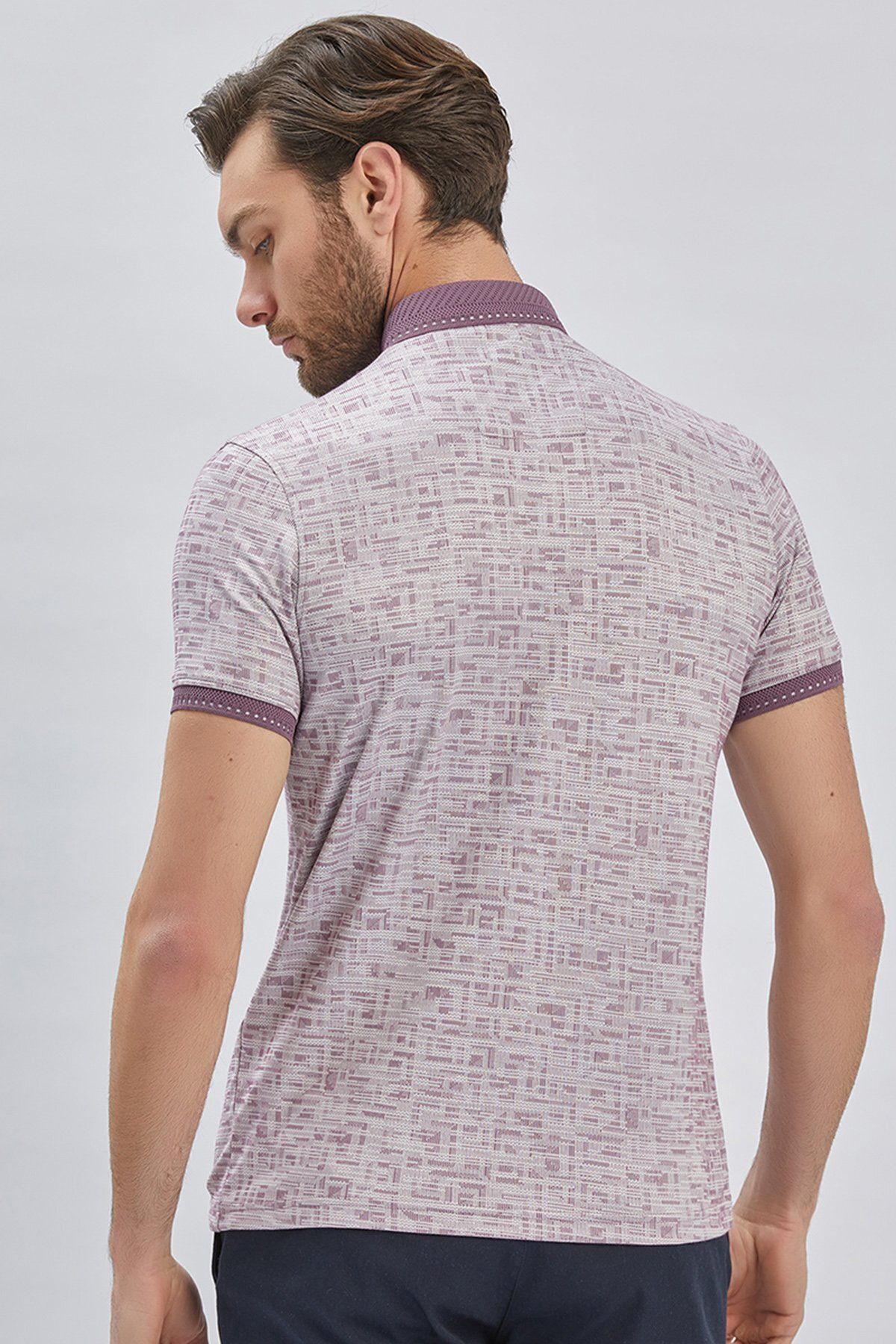 İmza-Lilac Pattern Mercerized Button Collar Cotton Casual Slim Fit Slim Fit T-Shirt1011240160 5