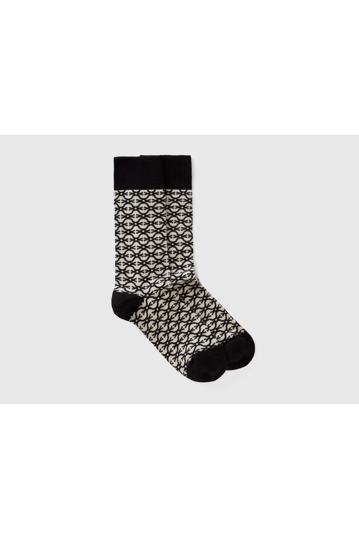 United Colors of Benetton-Unisex Black Mix Cotton Blended All Patterned Logo Printed Long Socks 1