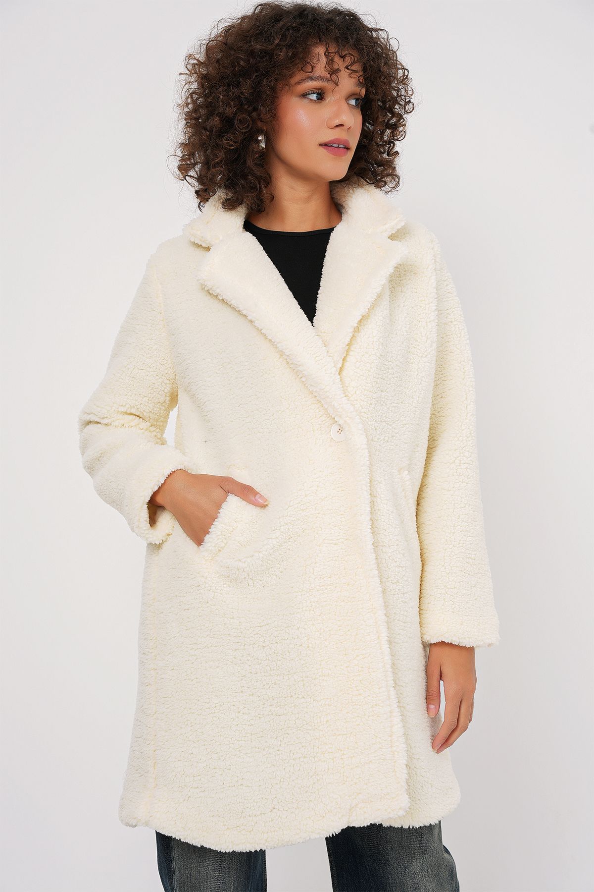 Bigdart-Model 9148 - Palton Ecru de pluș oversize 2