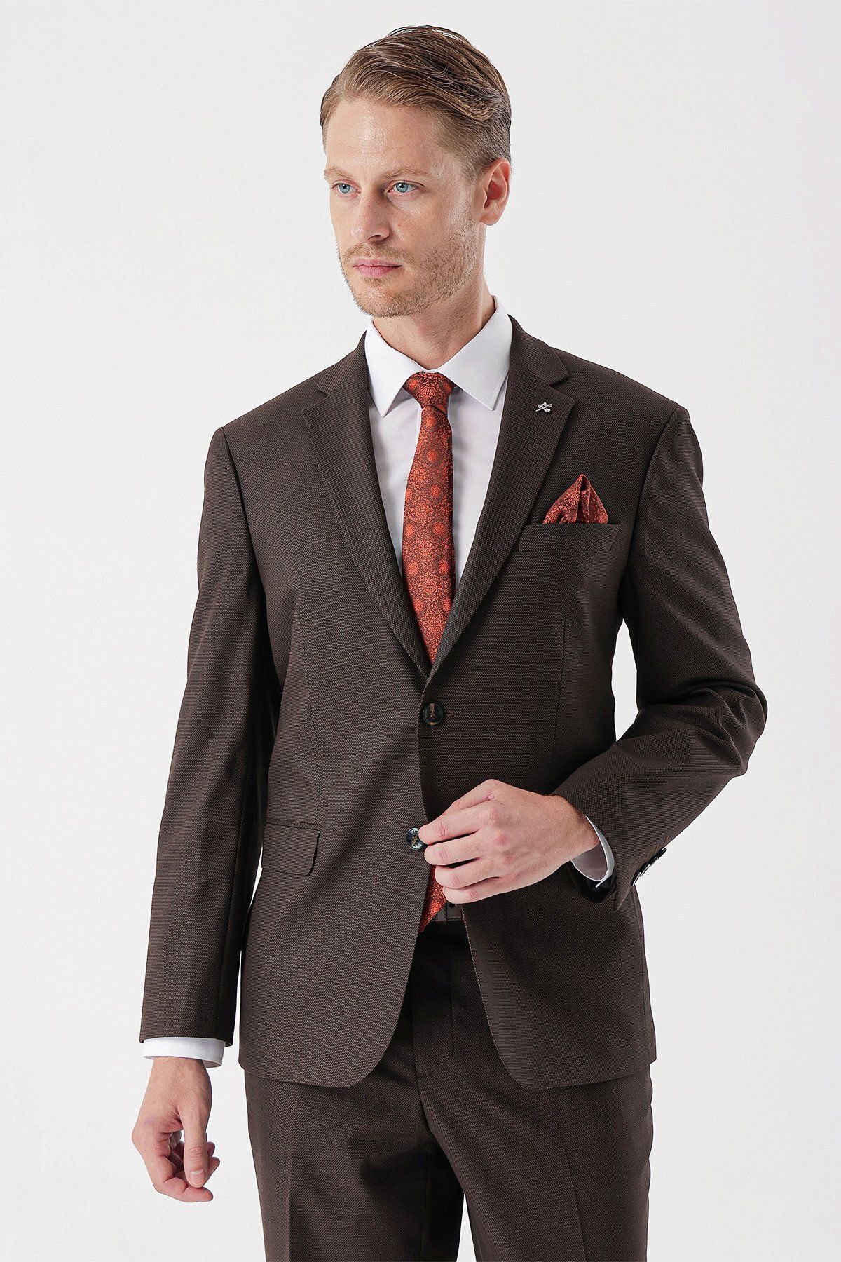 İmza-Brown Patterned Dobby Mono Collar 4 Drop Comfort Fit Relaxed Fit Classic Suit1001235150 1