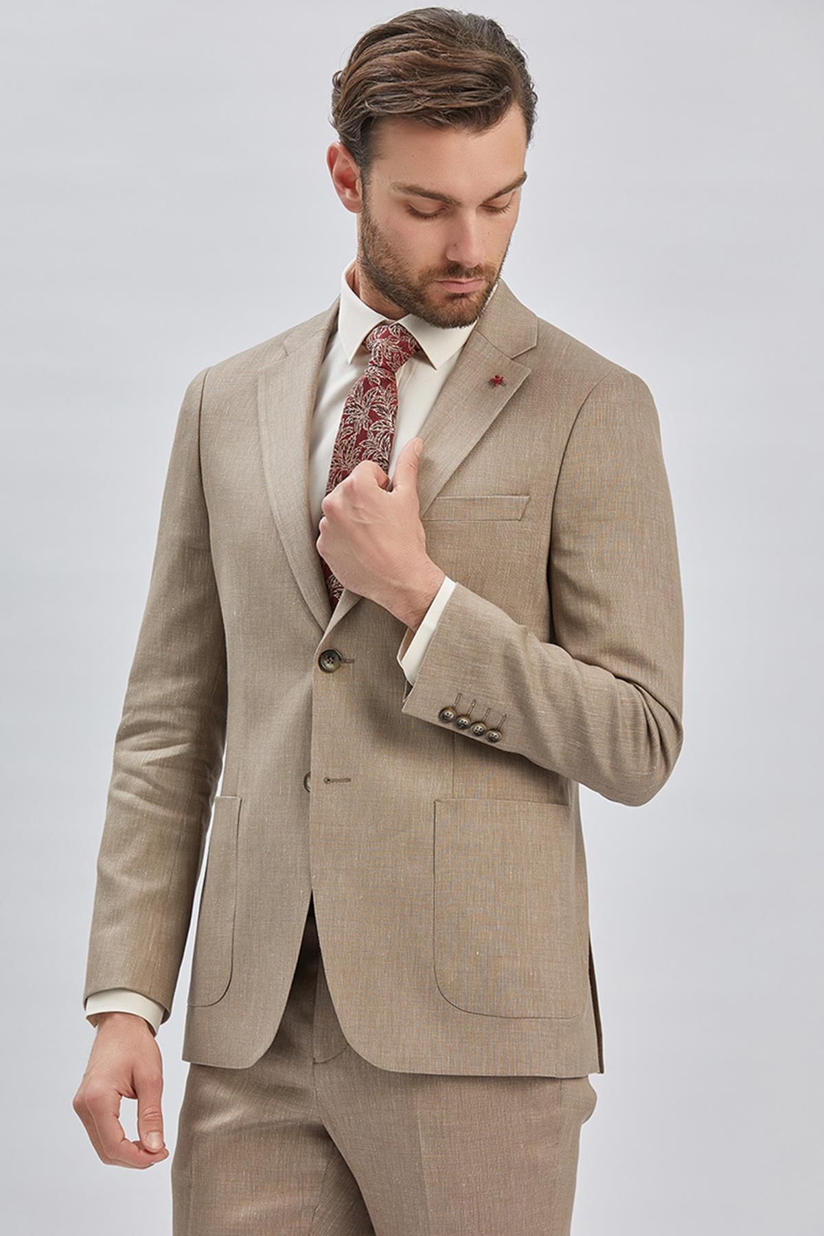 کت وشلوار مردانه BEIGE AMELOR MONO YAKA LINEN MIXED 6 DROP SLIM FIT CUT CUTUAL 1001240169 İmza