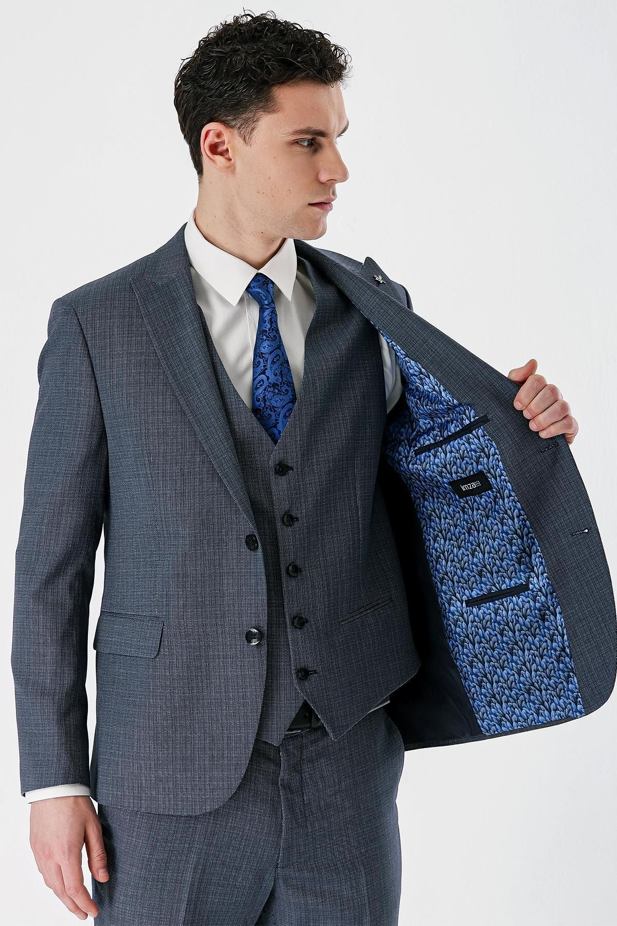 کت وشلوار مردانه جلیقه های یقه بلع آبی تیره BLUE 6 DROP SLIM FIT کلاسیک SUIT 1001240157 İmza
