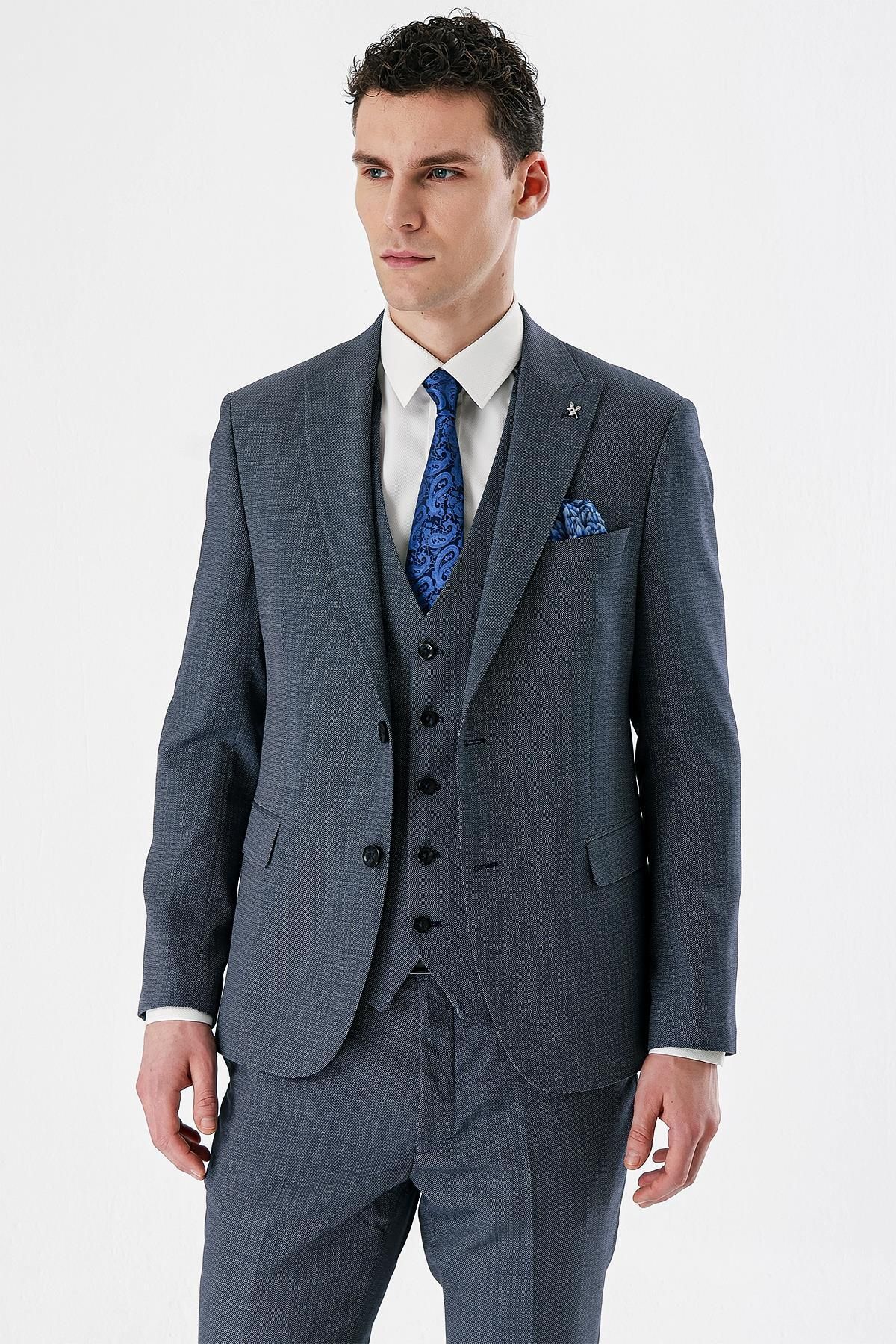 کت وشلوار مردانه جلیقه های یقه بلع آبی تیره BLUE 6 DROP SLIM FIT کلاسیک SUIT 1001240157 İmza