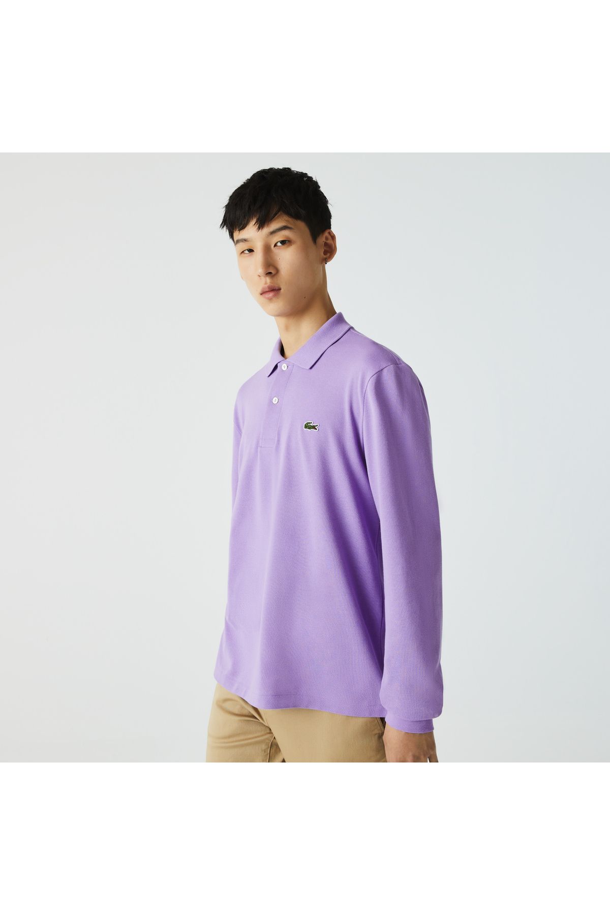 تی شرت یقه پولو خاکستری مردانه آستین بلند کلاسیک L.12.12 Purple Polo Lacoste