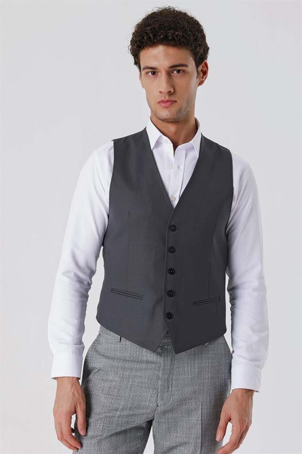 İmza-Anthracite V-Neck Classic Vest 1009230262 3