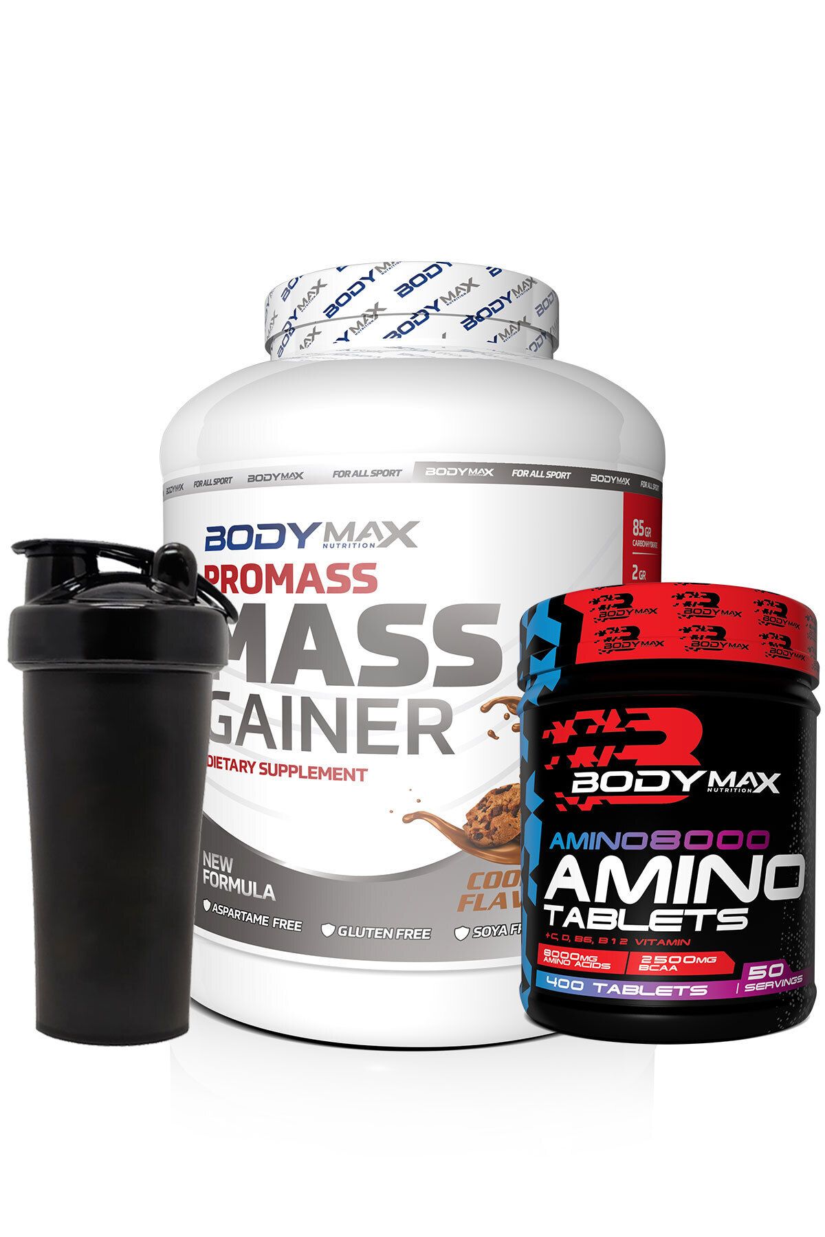 BODYMAX Promass Mass Gainer 3600 Gr Kurabiye Aromalı + Amino8000 Amino Asit 400 Tablet + Shaker Hediyeli