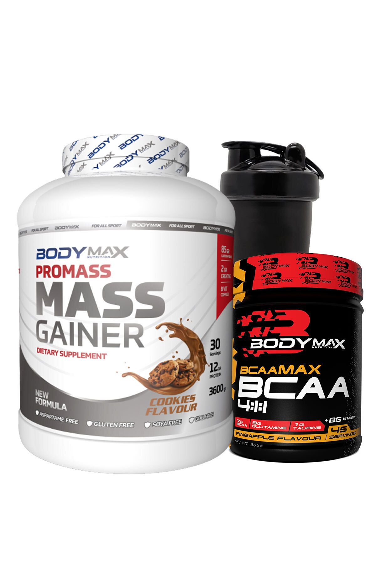 BODYMAX Promass Mass Gainer 3600 Gr Kurabiyeli + Bcaamax Bcaa 585 Gr Ananslı + Shaker