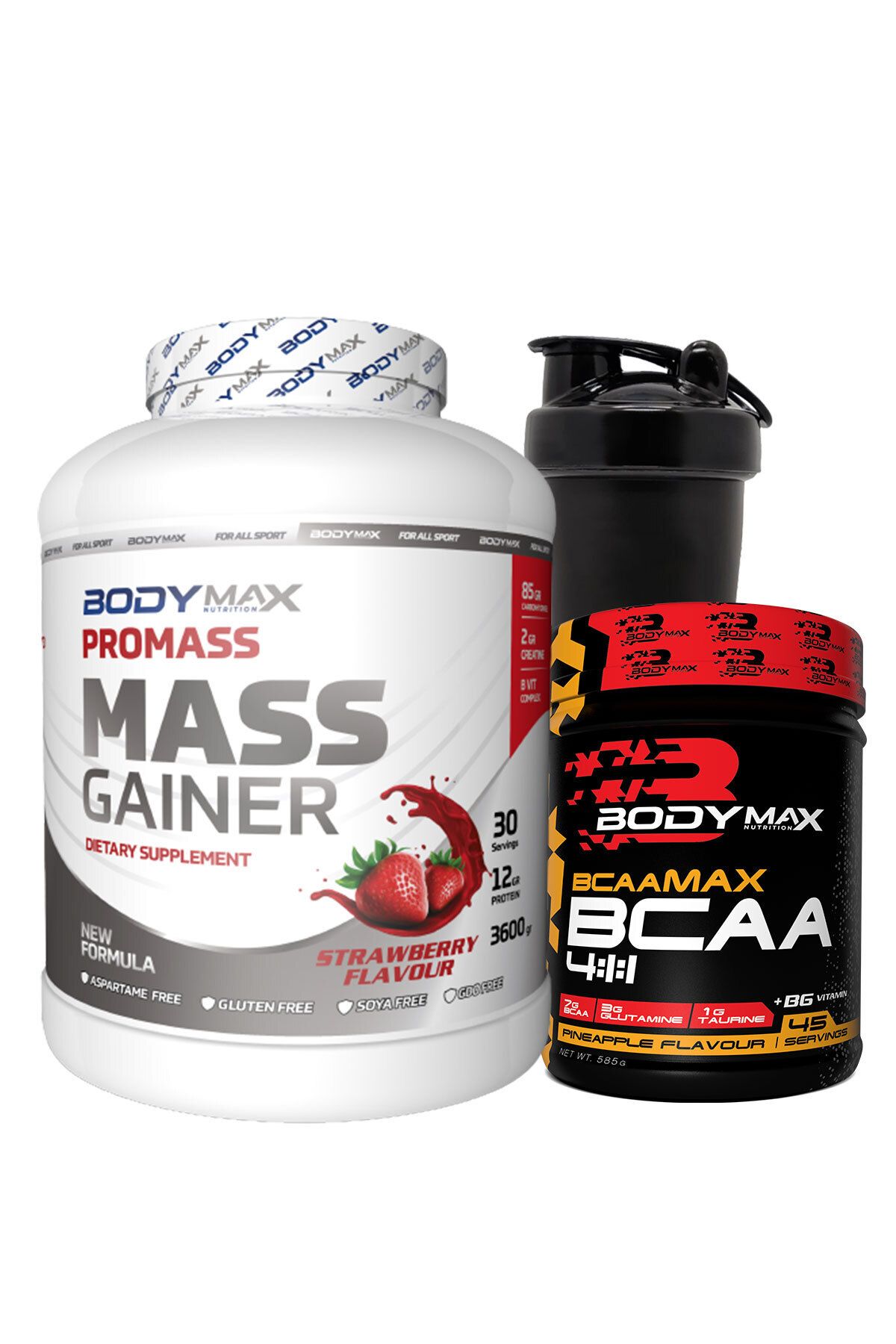 BODYMAX Promass Mass Gainer 3600 Gr Çilekli + Bcaamax Bcaa 585 Gr Ananslı + Shaker