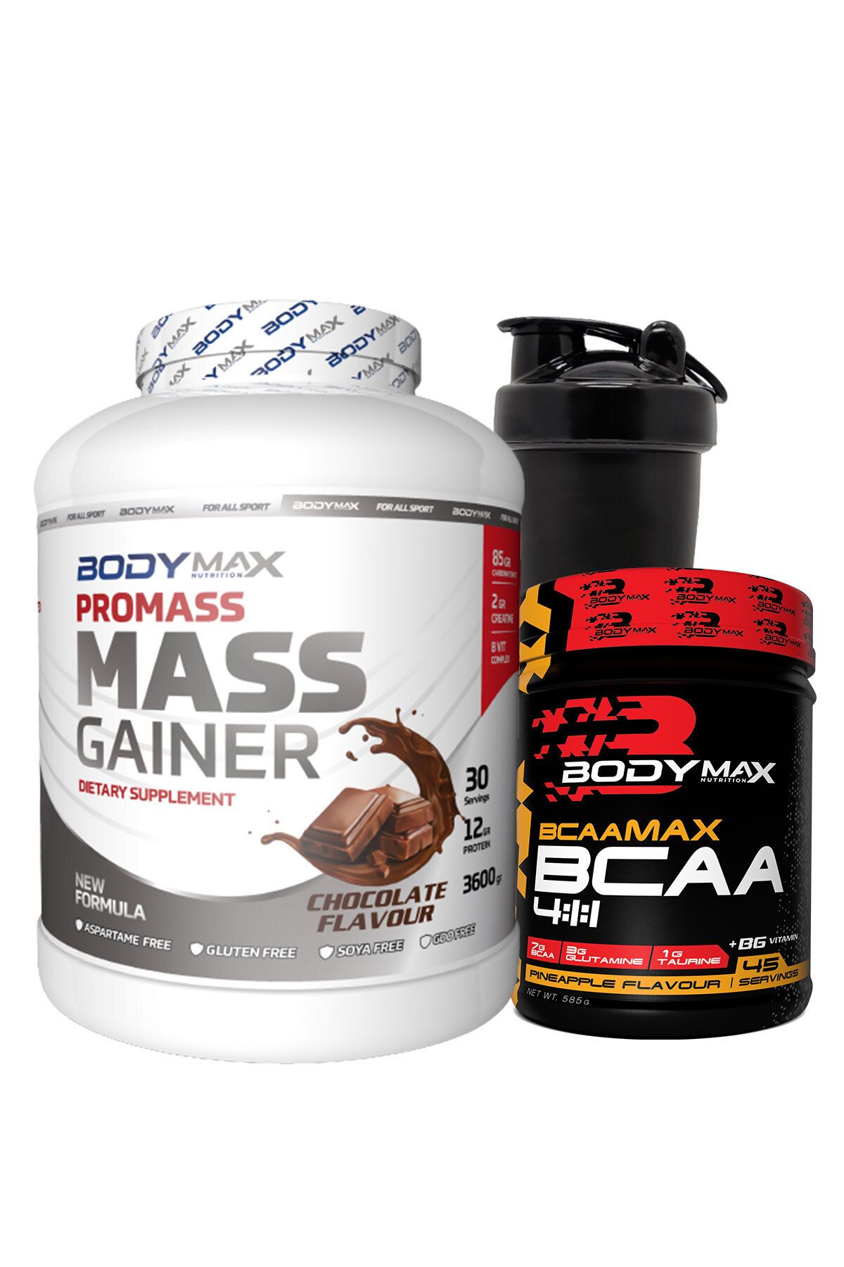 Promass Mass Gainer 3600 Gr Çikolatalı + Bcaamax Bcaa 585 Gr Ananslı + Shaker