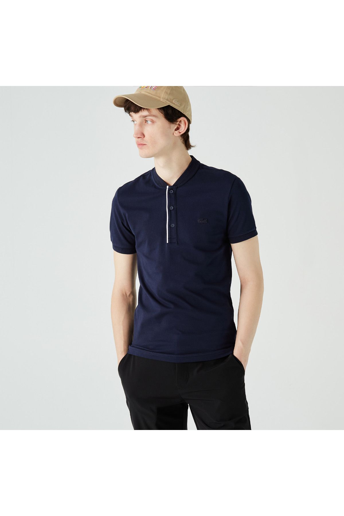تی شرت یقه پولو آبی مردانه قاضی Slim Fit Collar Navy Blue Polo Lacoste