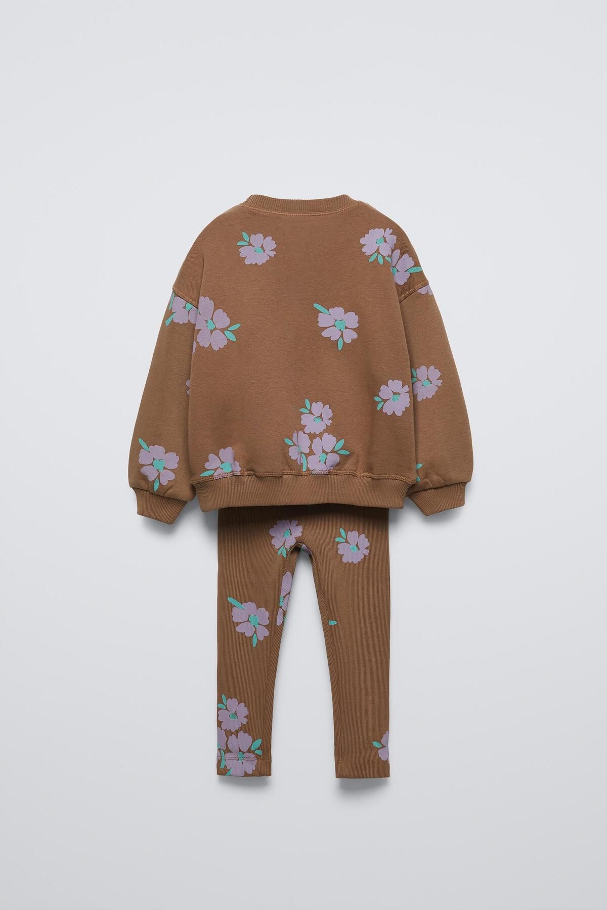 Ladin Store-طقم سويت شيرت بناتي من القطن مطبوع عليه زهور من 3 خيوط بدون خطوط وطماق مضلعة 2