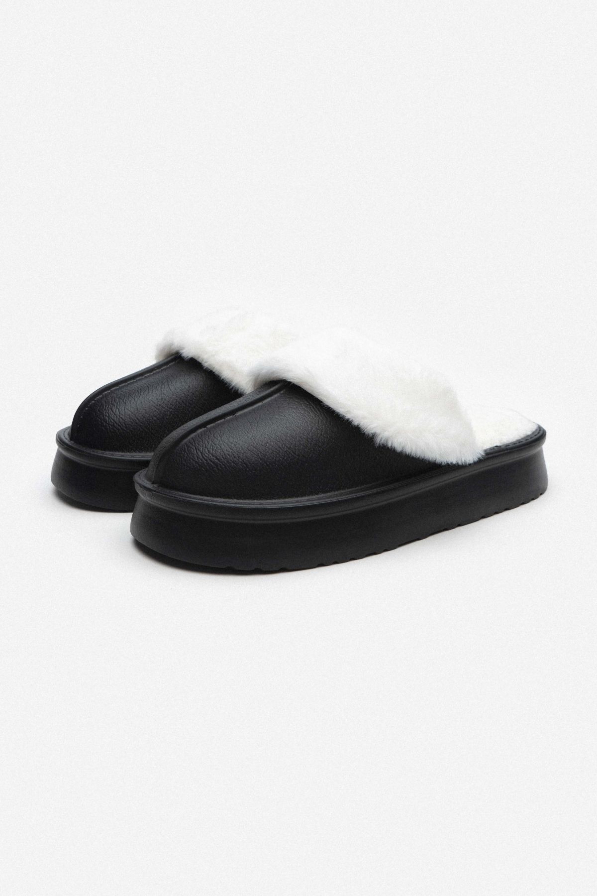 NİŞANTAŞI SHOES-Akali Black Matte Fur Lined Flat Sole Women's House Slippers 8