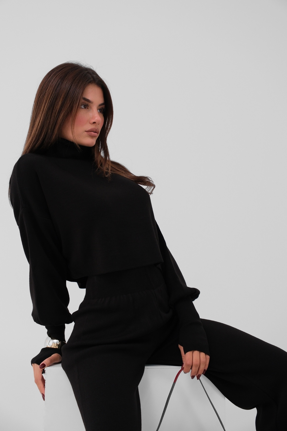 4S1B FASHION Rolákový úpletový svetr s dlouhým rukávem a úpletové kalhoty s v...