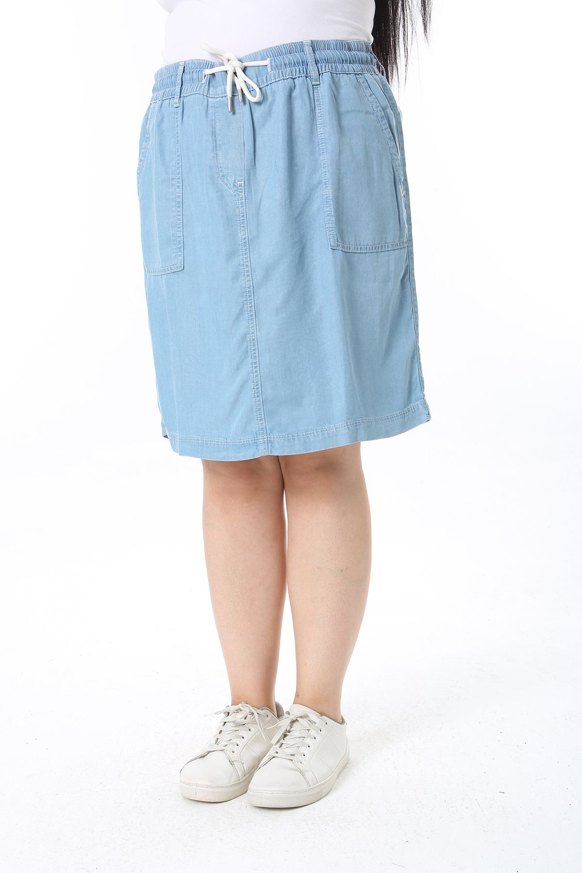 Şans-Women's Plus Size Blue Thin Denim Skirt with Elastic Waist and Lacing Detail 65N38450 5