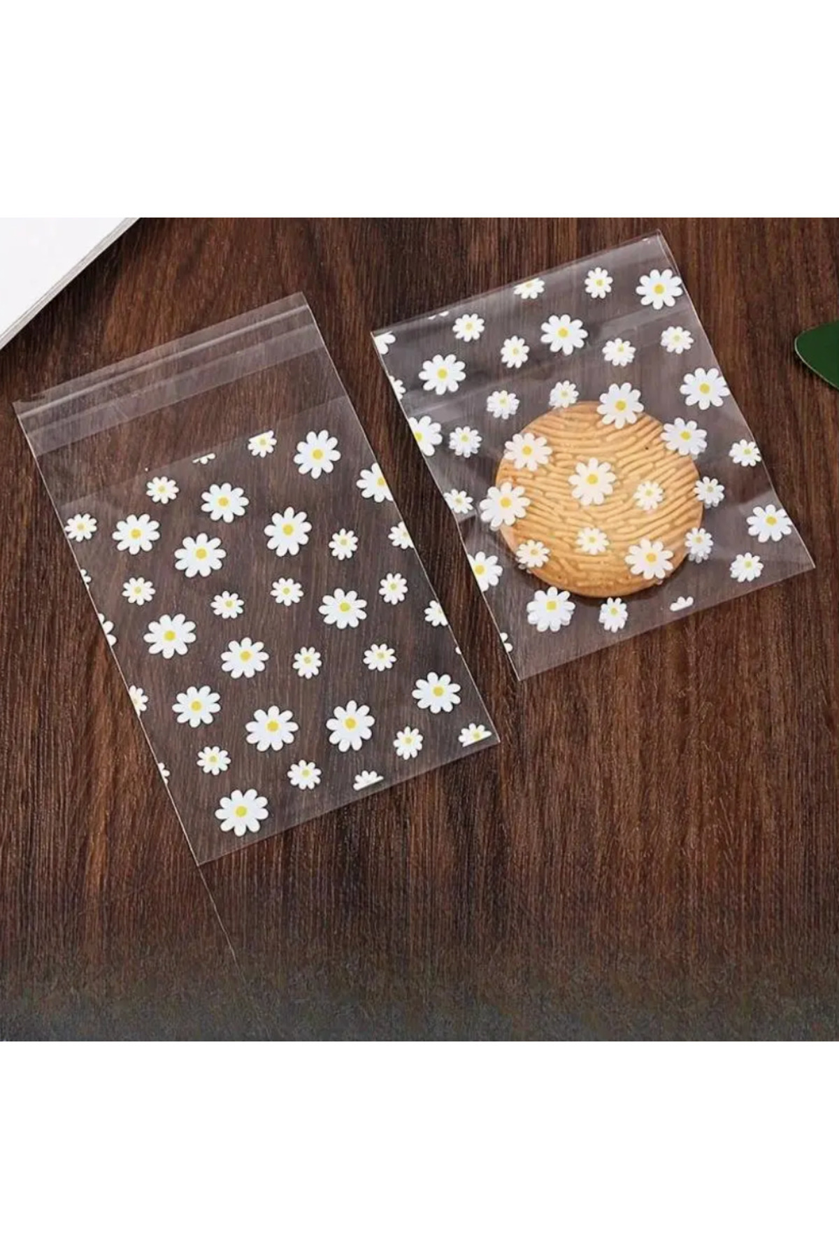 ÇET PACK 50 ADET ŞEFFAF PAPATYA DESENLİ ŞEKER KURABİYE POŞETİ BABY SHOWER DOĞUM GÜNÜ HEDİYE JELATİNİ 13X8 CM