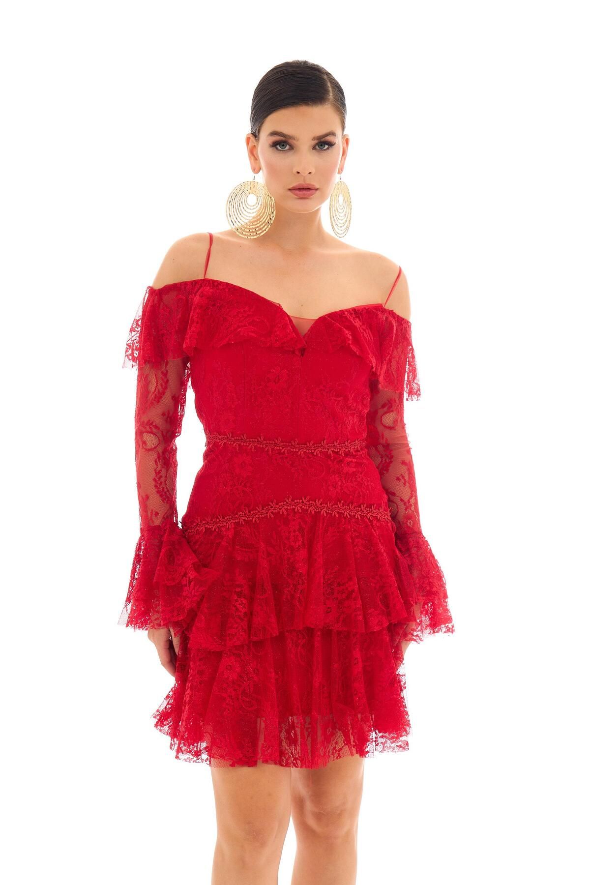 Carmen-Rochie de seară scurtă cu mânecă lungă din dantelă rosie 2