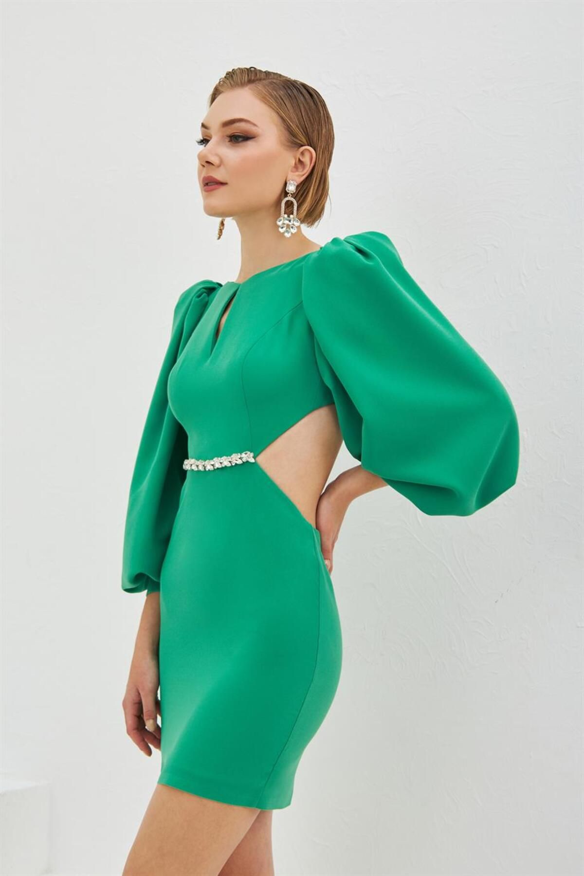 Carmen-Green Crepe Jewelled Balloon Sleeve Short Evening Dress 3
