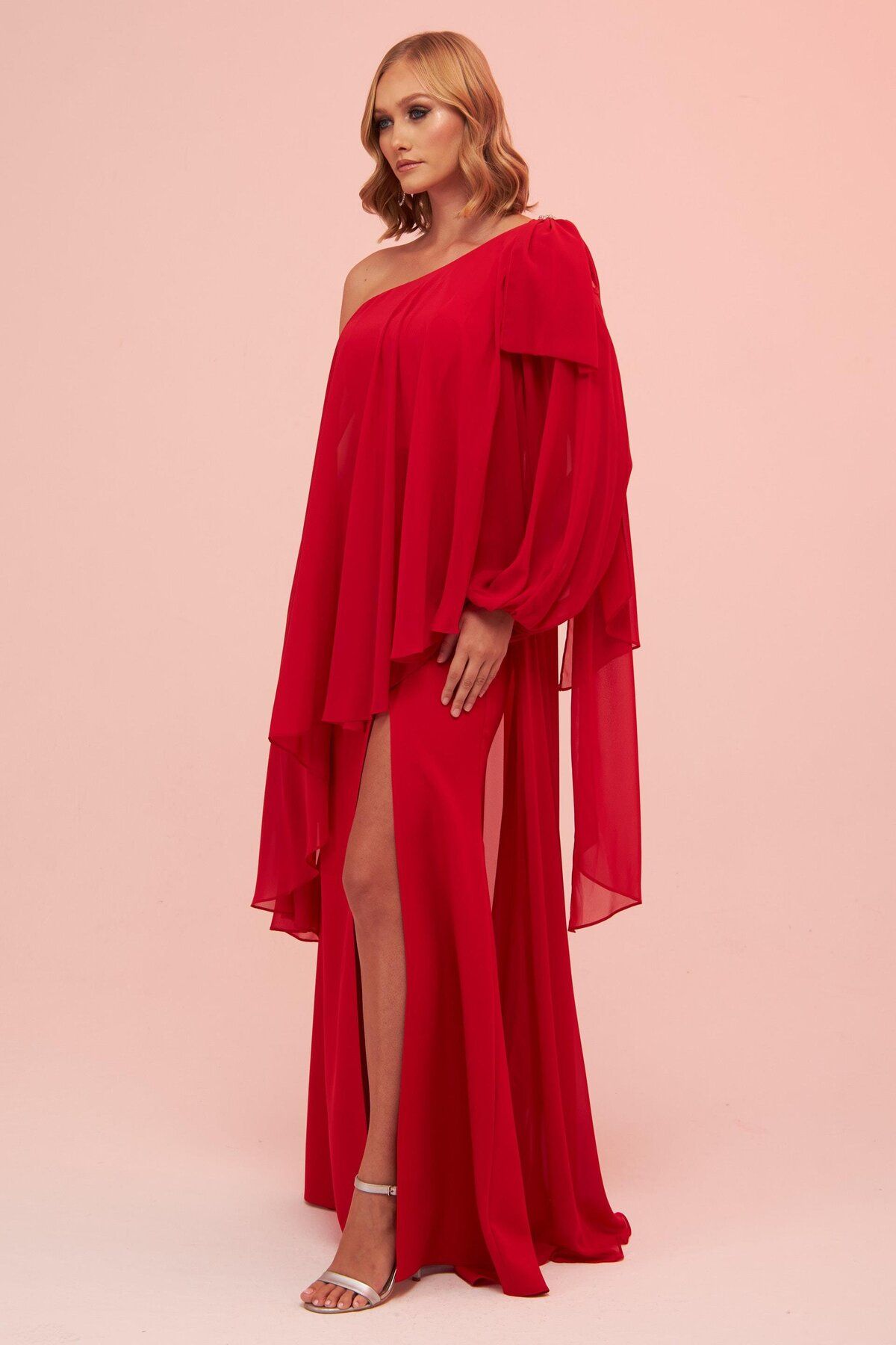 Carmen-Red One Sleeve Slit Plus Size Chiffon Evening Dress 4