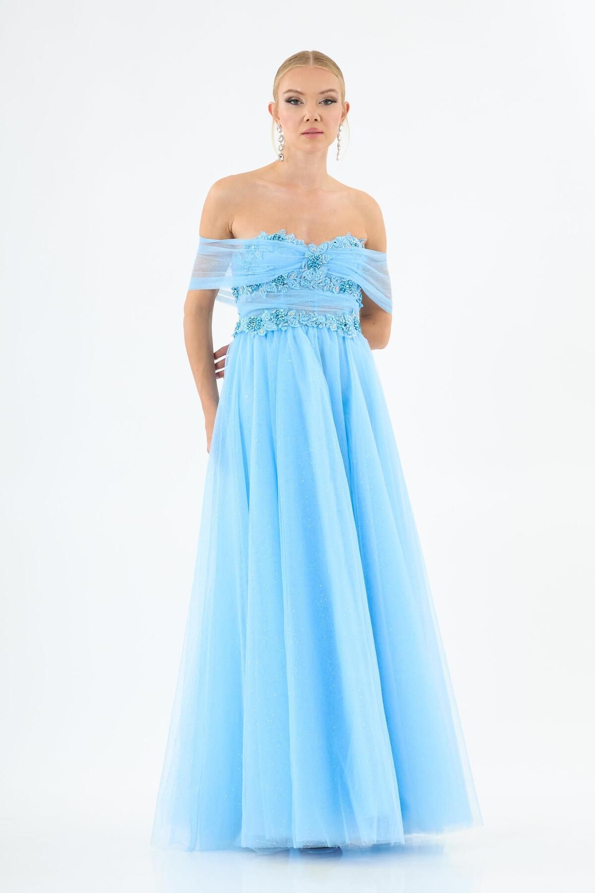 Carmen-Blue Low Arm Embroidered Tulle Engagement Dress 4