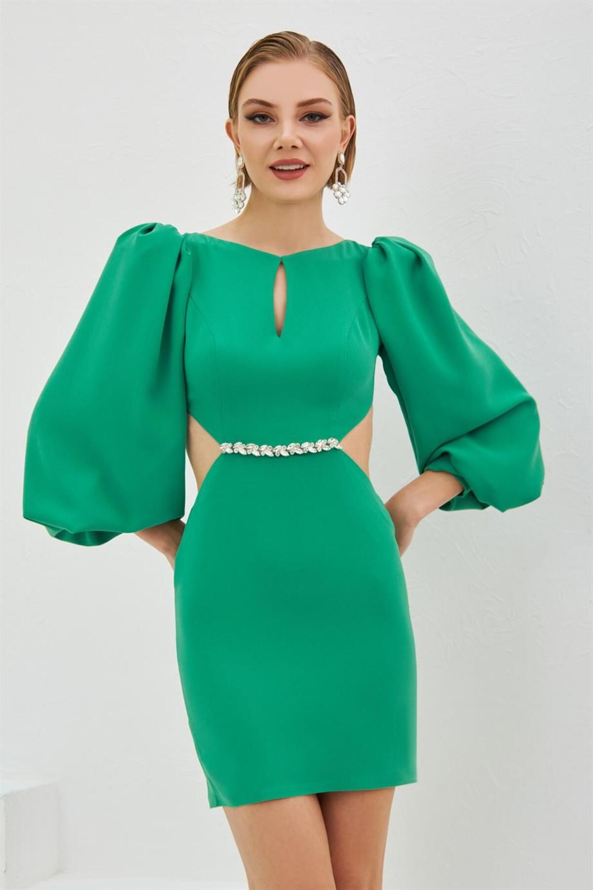 Carmen-Green Crepe Jewelled Balloon Sleeve Short Evening Dress 2
